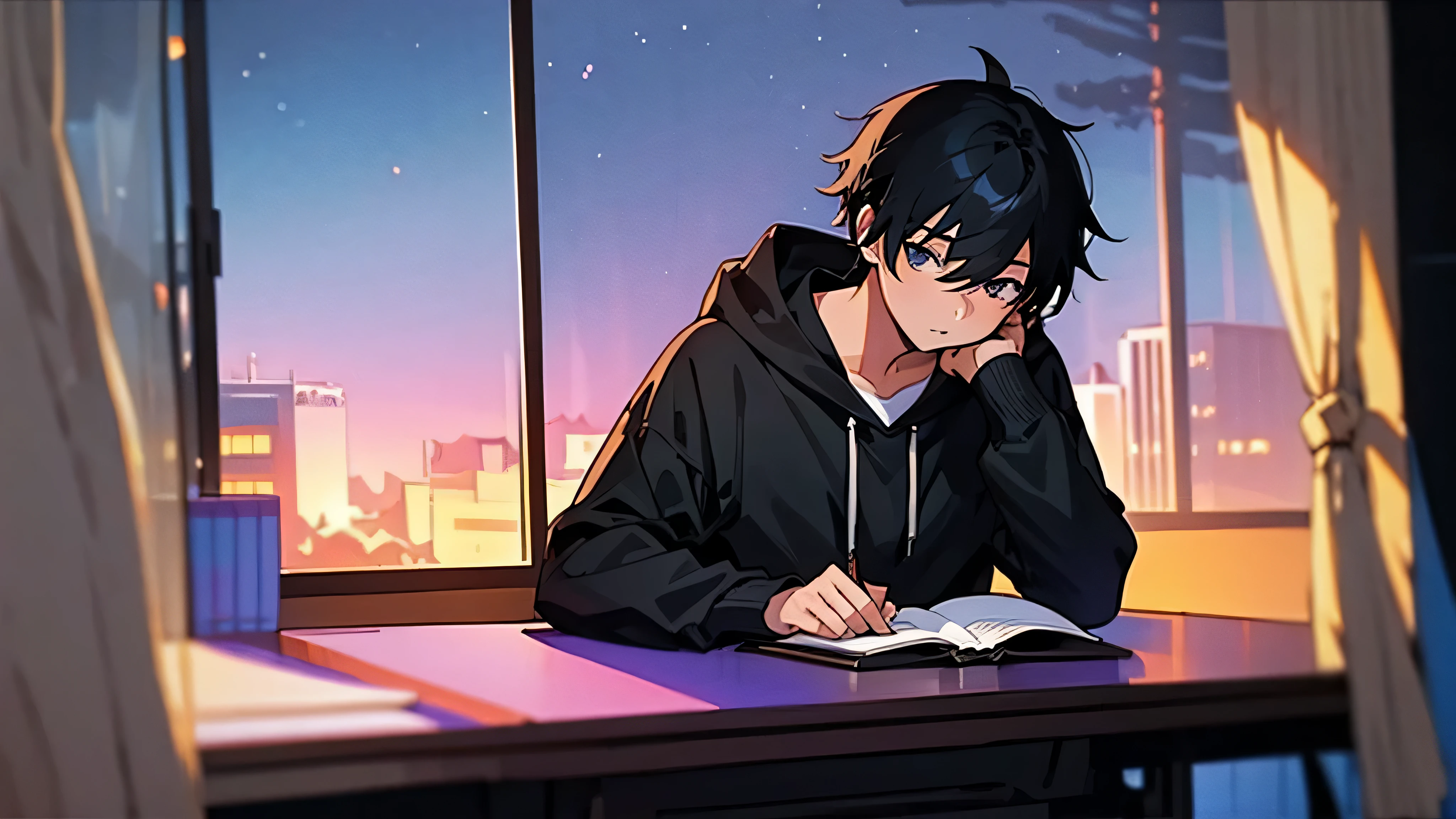 (highest quality:0.8), (highest quality:0.8), perfect anime illustration, A black-haired boy wearing a black hoodie and looking to the side, study at the desk in the room, , Night sky from window,