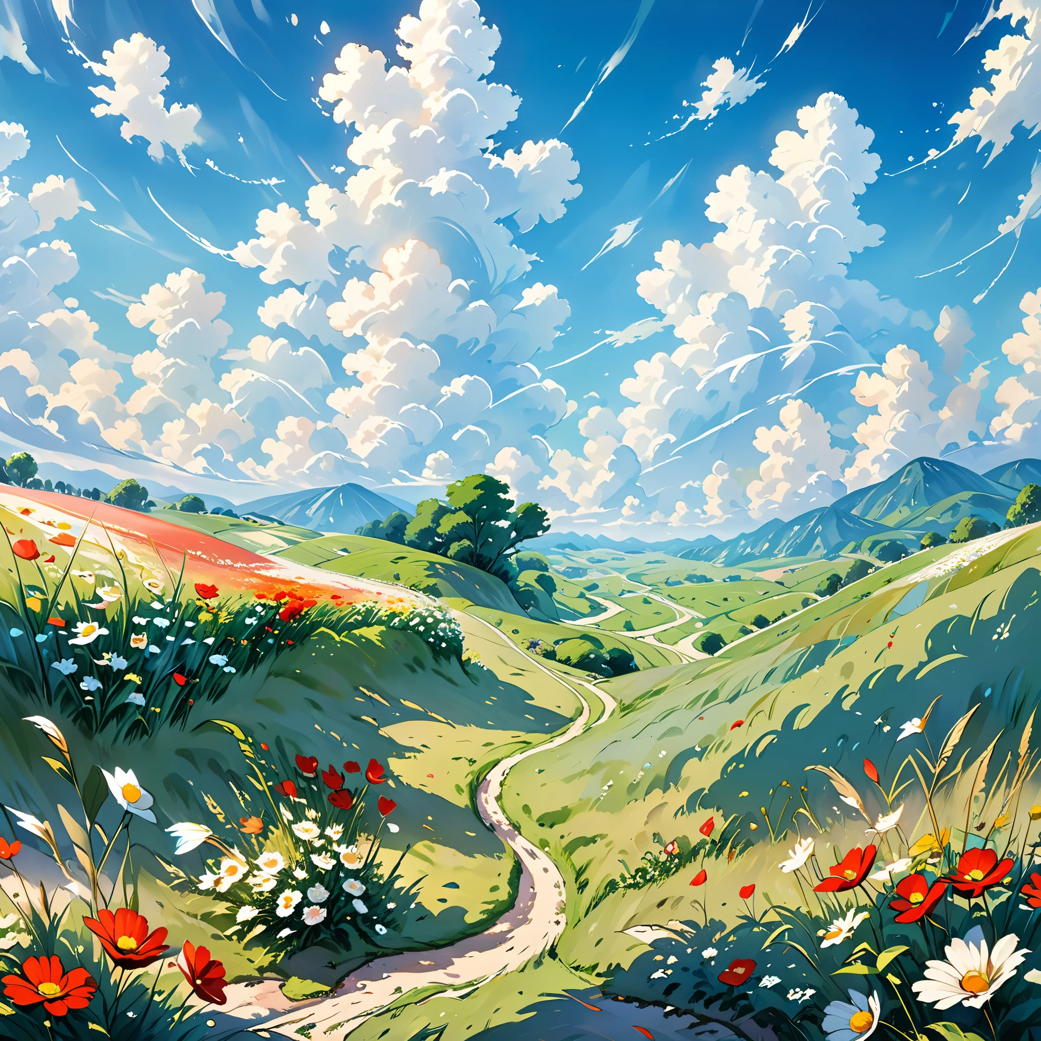 Realistic, authentic, beautiful and amazing landscape oil painting Studio Ghibli Hayao Miyazaki's petal grassland with blue sky and white clouds --v6
