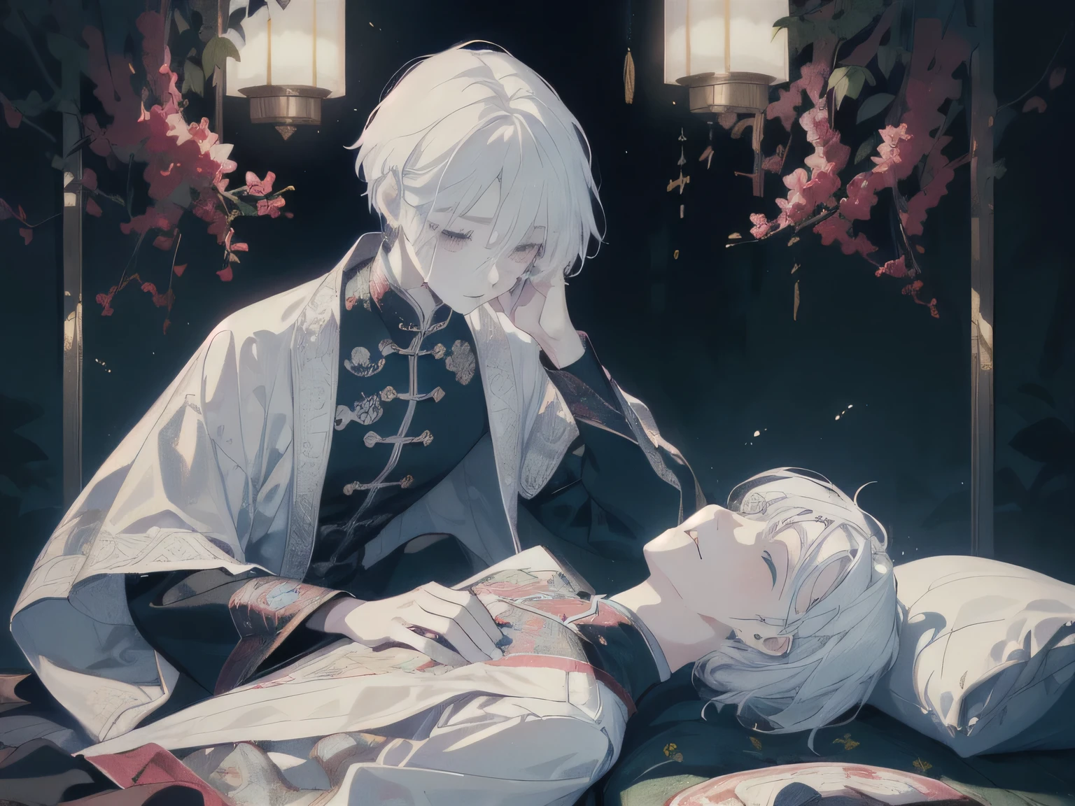 (whole body，night,Record),masterpiece, 1 boy, lie在床上的男人, Memories in dreams, , (((Record, lie, night, white hair, short hair，covered with quilt)), super soft lighting, symmetry, complicated, grace, high detail, realism, Art, concept Art,