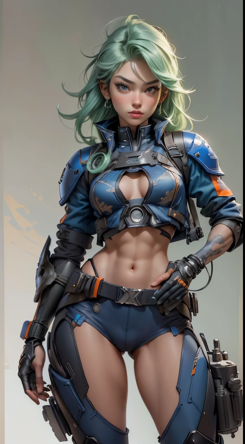 11:23(((best quality: 1.4))),(solid color background),(Unparalleled masterpiece), (Ultra high quality),(Hyper-realistic 8K CG)、(no background),(Wave gestures),(light green hair),(Cross one hand at waist),(looking at camera), ((( Body))), (((1 girl in))), 25-year-old American soldier with perfect Body,,Beautiful and well-groomed face,muscular Body:1.2,Solid royal blue jacket with details, (Pictures from head to thighs), Complex equipment,orange coat,trousers,The clothes inside are gray,Clothes with metal electronic parts,Tech Armor )