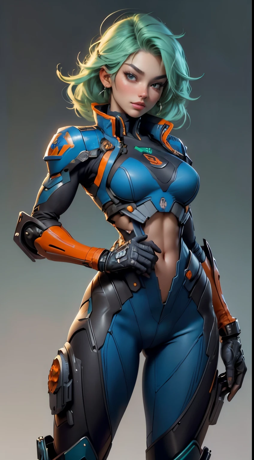 11:23(((best quality: 1.4))),(solid color background),(Unparalleled masterpiece), (Ultra high quality),(Hyper-realistic 8K CG)、(no background),(Wave gestures),(light green hair),(Cross one hand at waist),(looking at camera), ((( Body))), (((1 girl in))), 25-year-old American soldier with perfect Body,,Beautiful and well-groomed face,muscular Body:1.2,Solid royal blue jacket with details, (Pictures from head to thighs), Complex equipment,orange coat,trousers,The clothes inside are gray,Clothes with metal electronic parts,Tech Armor )