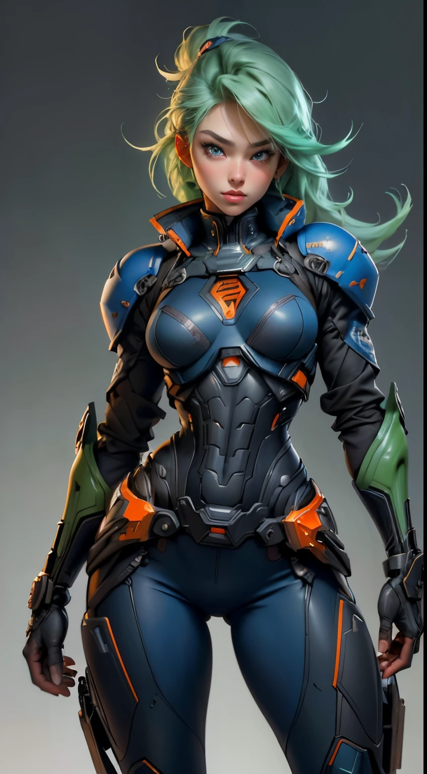 11:23(((best quality: 1.4))),(solid color background),(Unparalleled masterpiece), (Ultra high quality),(Hyper-realistic 8K CG)、(no background),(Wave gestures),(light green hair),(Cross one hand at waist),(looking at camera), ((( Body))), (((1 girl in))), 25-year-old American soldier with perfect Body,,Beautiful and well-groomed face,muscular Body:1.2,Solid royal blue jacket with details, (Pictures from head to thighs), Complex equipment,orange coat,trousers,The clothes inside are gray,Clothes with metal electronic parts,Tech Armor )
