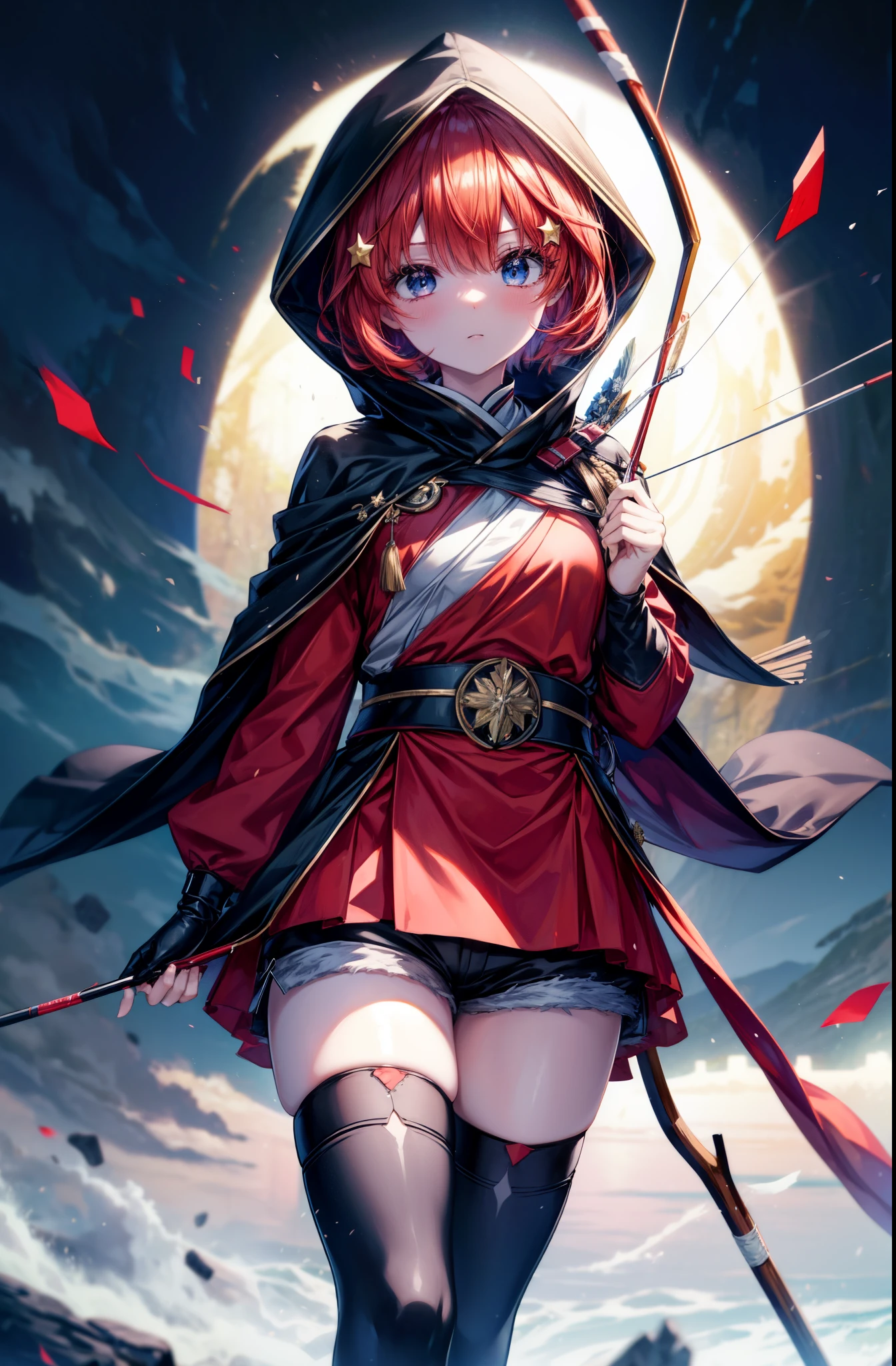 itsukinakano, Itsuki Nakano, bangs, blue eyes, hair between eyes, redhead, star \(symbol\), hair ornaments, star hair ornaments,hood up,short hair,holding archery on shoulder,Wear a box containing a bow and arrow on your waist, asymmetrical clothes, boots, cloak,gloves, red Thighhighs, high heels, shorts, Thighhighs,So that the whole body goes into the illustration,walking,
break outdoors, forest,forest林, (cowboy shot:1. 5)
break (masterpiece:1.2), highest quality, High resolution, unity 8k wallpaper, (figure:0.8), (detailed and beautiful eyes:1.6), highly detailed face, perfect lighting, Very detailed CG, (perfect hands, perfect anatomy),