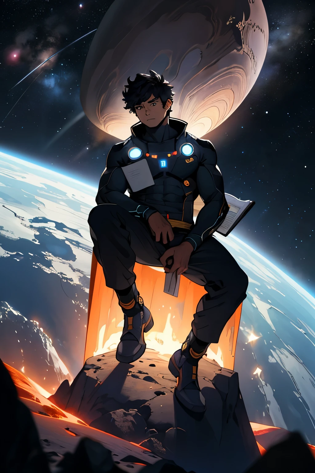 Draw a young programmer, curl hair, filipino native sitting on a research platform floating in the middle of an asteroid belt. He is studying with a notebook, surrounded by several asteroids glowing with fiery auras. Dramatic lighting from distant stars and planets illuminates the scene, casting deep shadows on the suit. The young man looks confident and determined, looking at the vast and mysterious universe with wonder and respect, cowboy shot, besides mojojojo