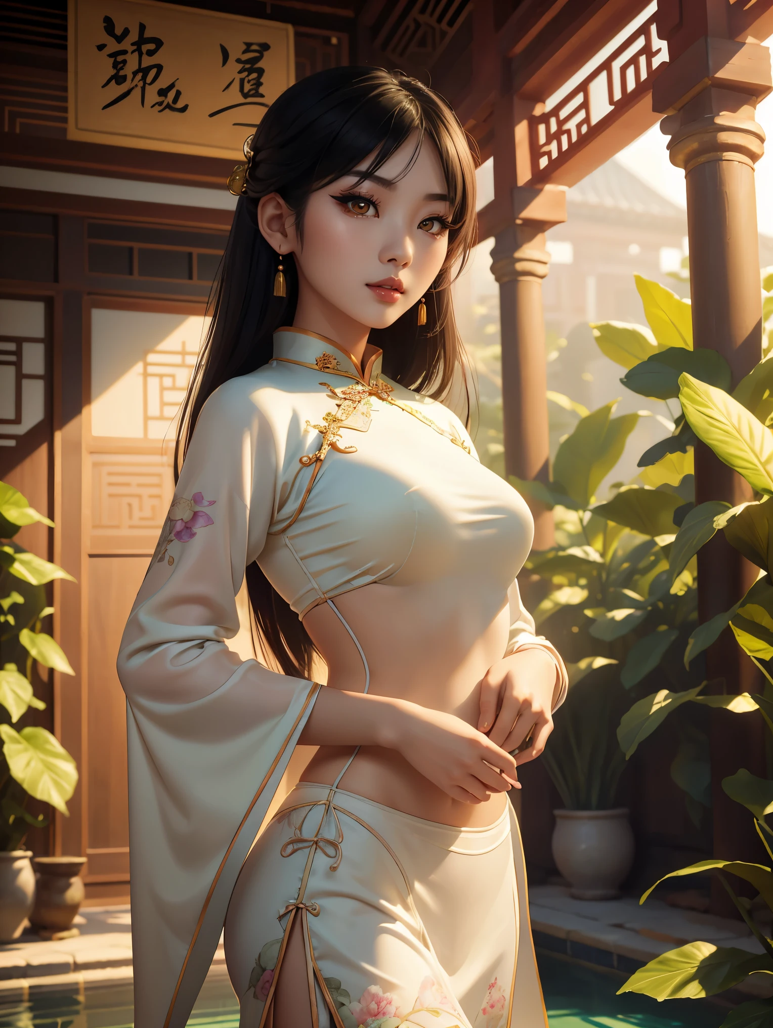 soft_light, (((soft lighting, Masterpiece portrait of Asian goth beauty wearing Cheongsam|bikini))) standing in A cozy small garden pool of an ancient Alhambra building, Persia-inspired, colorful pillows, and carpets, by Greg Rutkowski dynamic lighting hyperdetailed intricately detailed triadic colors Unreal Engine 5 volumetric lighting with god's rays Alphonse Mucha WLOP Jordan Grimmer. soft shadows.