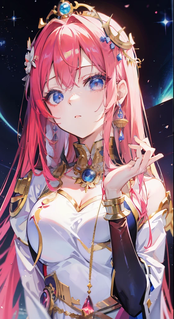 anime goddess, seductive anime girl, anime moe art style, beautiful attractive anime woman, Nightcore, beautiful anime girl, beautiful anime woman, ((beautiful fantasy empress)), goddess of heaven, galactic goddess, anime girl with space hair,crown,Greek Mythology,white clothes