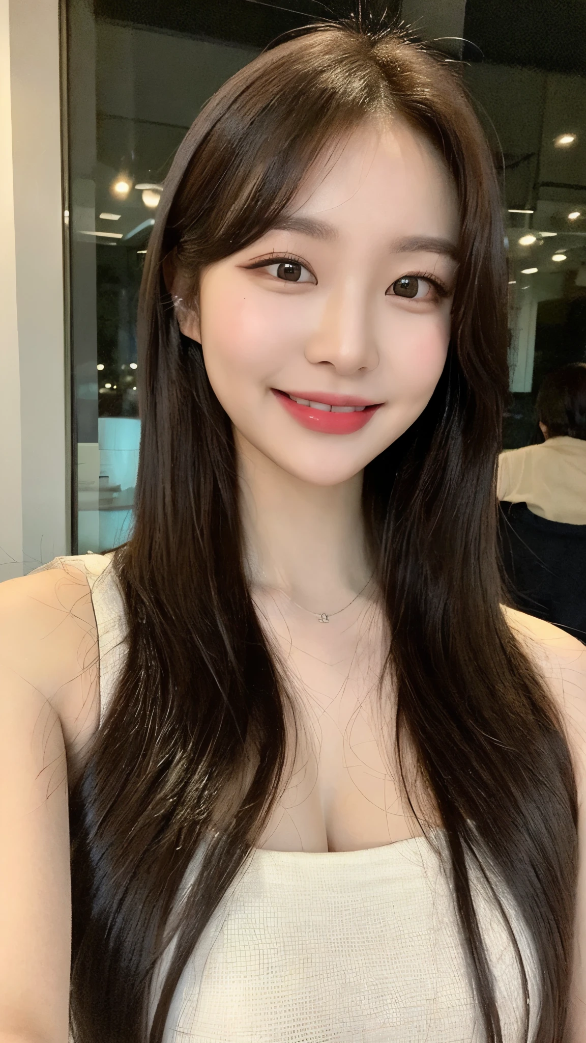 ((best quality, 8 thousand, masterpiece :1.3)), 1 woman, smiling, whole body, slim face, Pretty Woman, (dark brown hair), full length dress :1.1, very detailed face, detailed eyes, double eyelid,  blur background, slim face, city, out, distance,