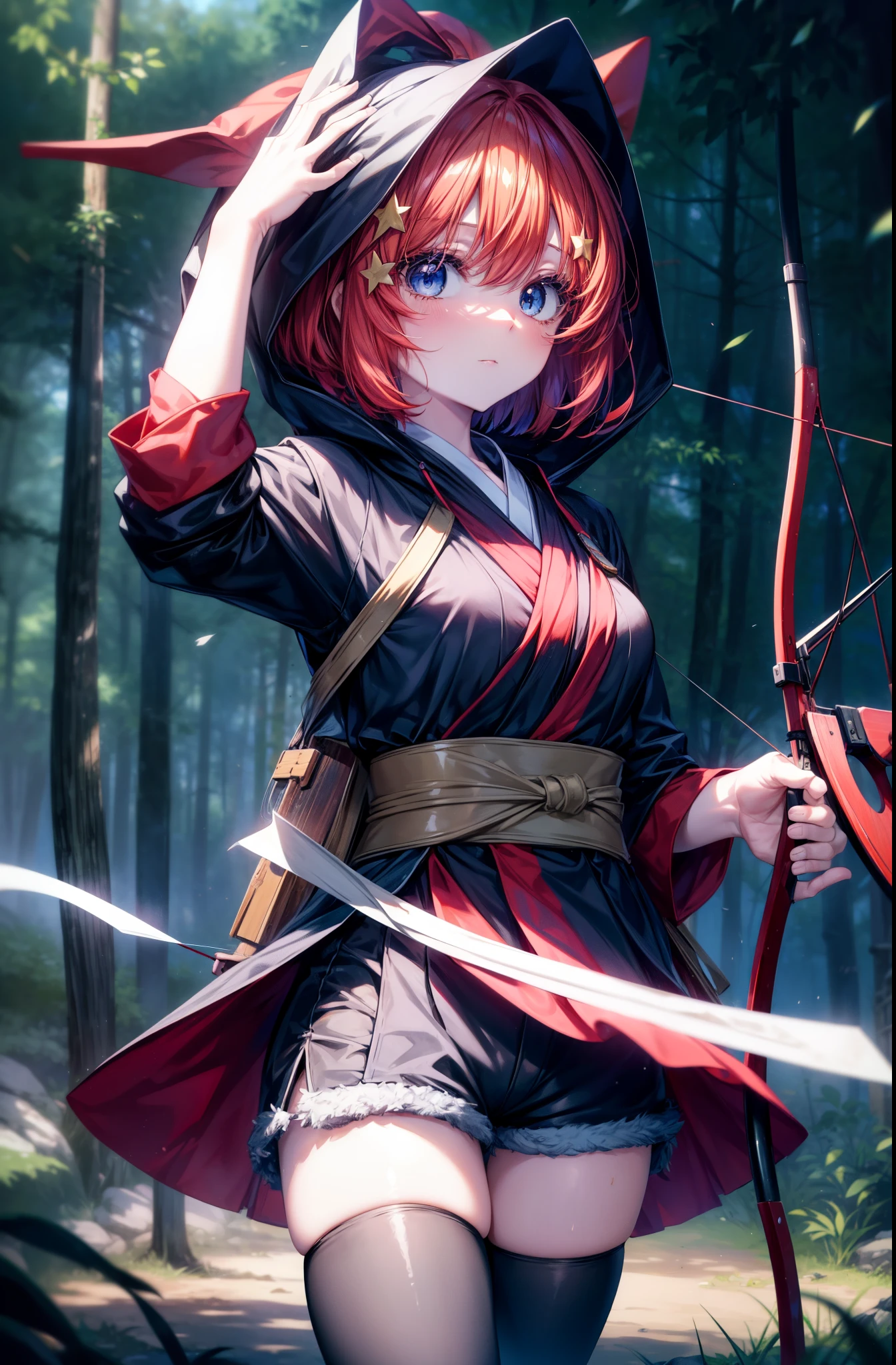 itsukinakano, Itsuki Nakano, bangs, blue eyes, hair between eyes, redhead, star \(symbol\), hair ornaments, star hair ornaments,hood up,short hair,holding archery in the right hand,Wear a box containing a bow and arrow on your waist, asymmetrical clothes, boots, cloak,gloves, red Thighhighs, high heels, shorts, Thighhighs,So that the whole body goes into the illustration,walking,
break outdoors, forest,forest林, (cowboy shot:1. 5)
break (masterpiece:1.2), highest quality, High resolution, unity 8k wallpaper, (figure:0.8), (detailed and beautiful eyes:1.6), highly detailed face, perfect lighting, Very detailed CG, (perfect hands, perfect anatomy),