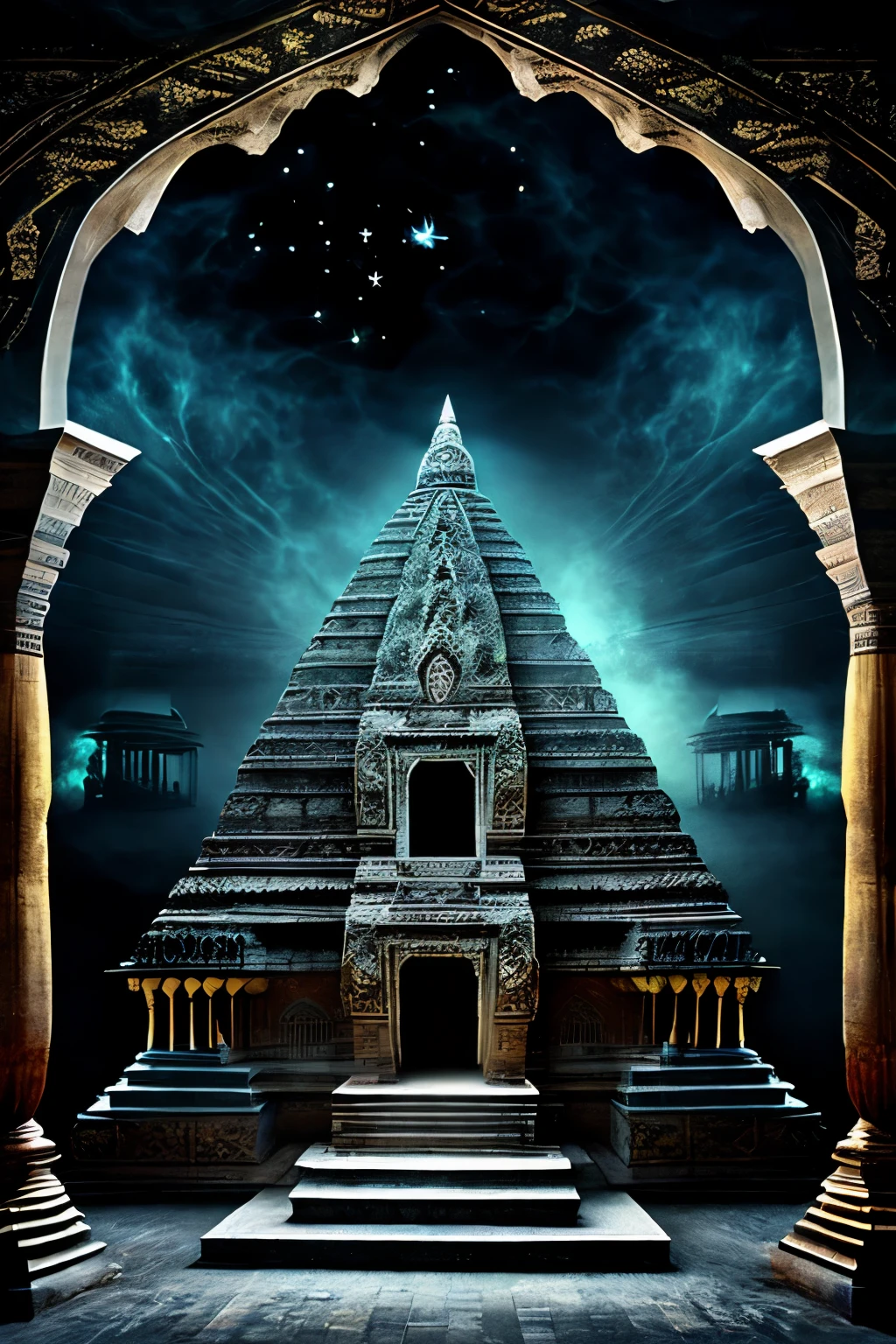 ((best quality)), (detailed), evil decor, effrayant, dieu Inde, nuit, smoke, Haunted Forest, India, pyramides, spirituality, Hindi, Hindou, temple Indien, temple Hindou