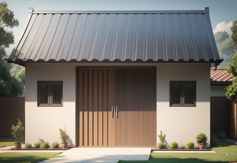 trapezoidal roof，A bungalow with the same appearance as in the picture，door sliding door，Aluminum alloy windows for windows，Straight roof lines，Draw a square aluminum alloy window in the middle of the left half of the house，Also draw a square aluminum alloy window on the right side，Draw a rectangular sliding door in the middle