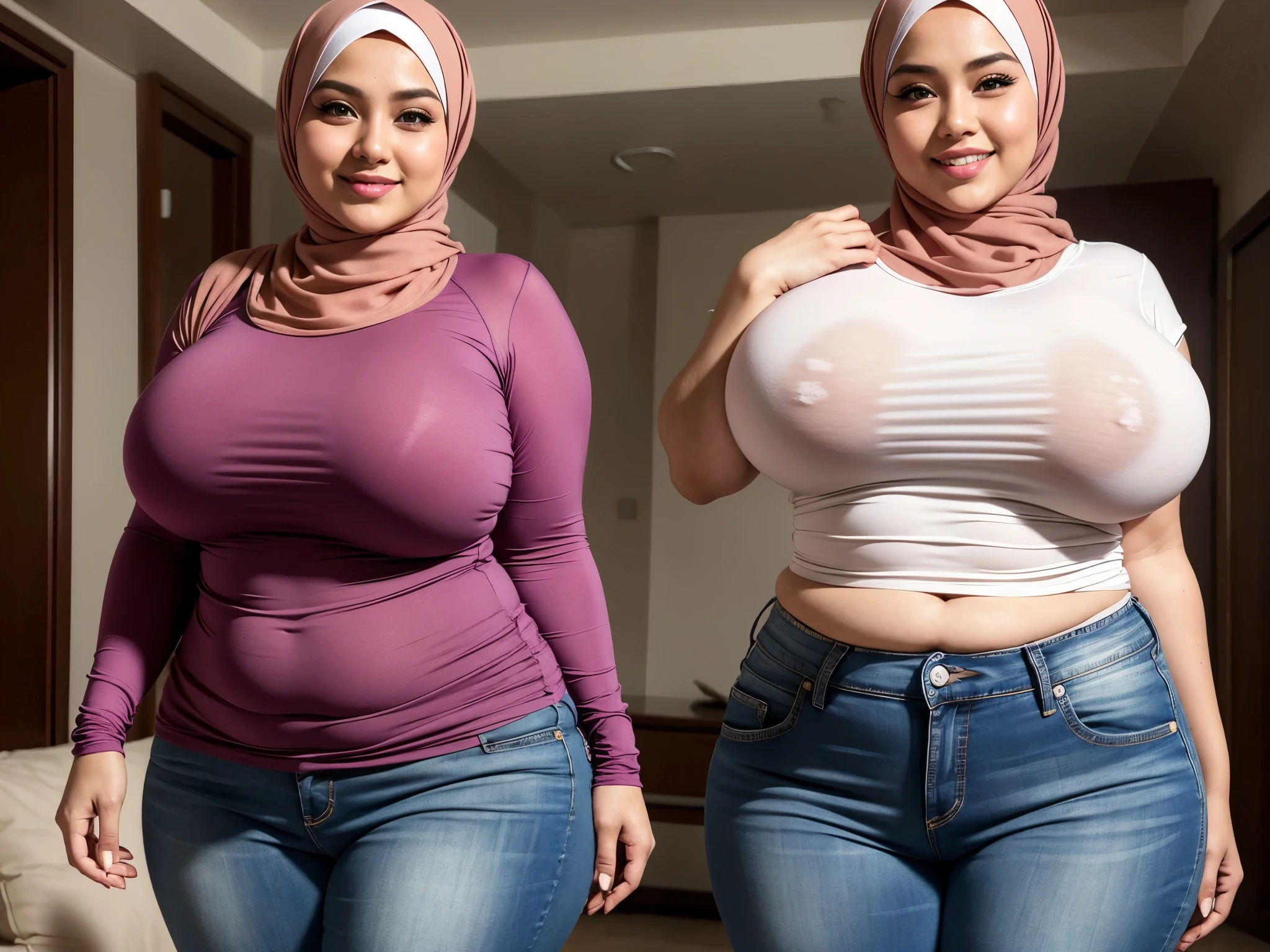 Hijab girl, Beautiful malaysia girl,  bbw body chubby, with huge large massive breast size , tight transparens shirt and jeans, smiling, blushing, random color shirt, two hand squezing breast. hard nipples,