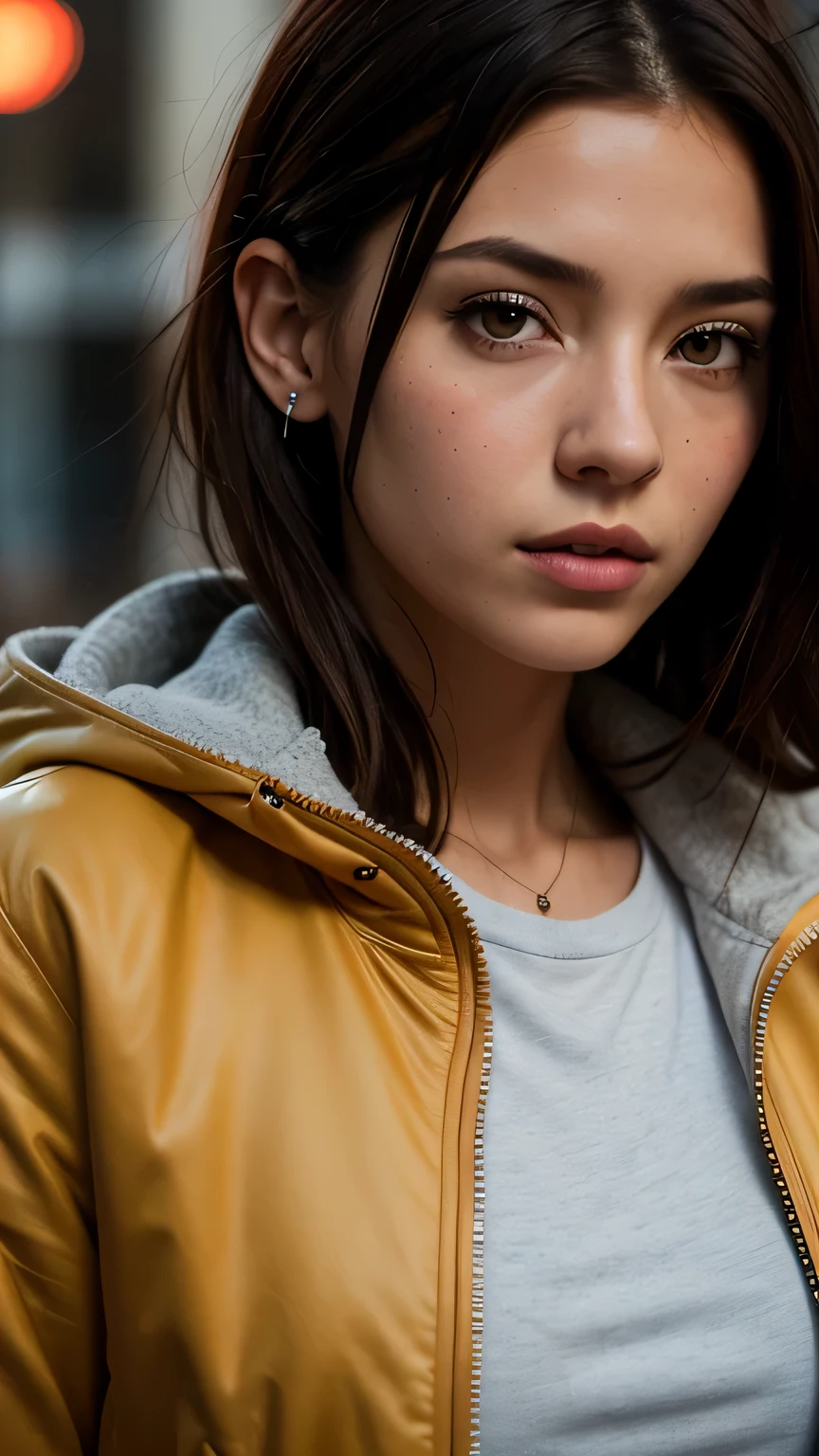 RAW photo, 20 year old close up portrait photo.o 1 girl, alone, realistic,shirt,Jacket, cyber punk, spike hair,brown hair, yellow Jacket, The background is the city ruins, (high definition skin:1.2), 8k UHD, Digital single-lens reflex camera, soft lighting, high quality, film grain, Fujifilm XT3, highly detailed background, (((close up of face))),
