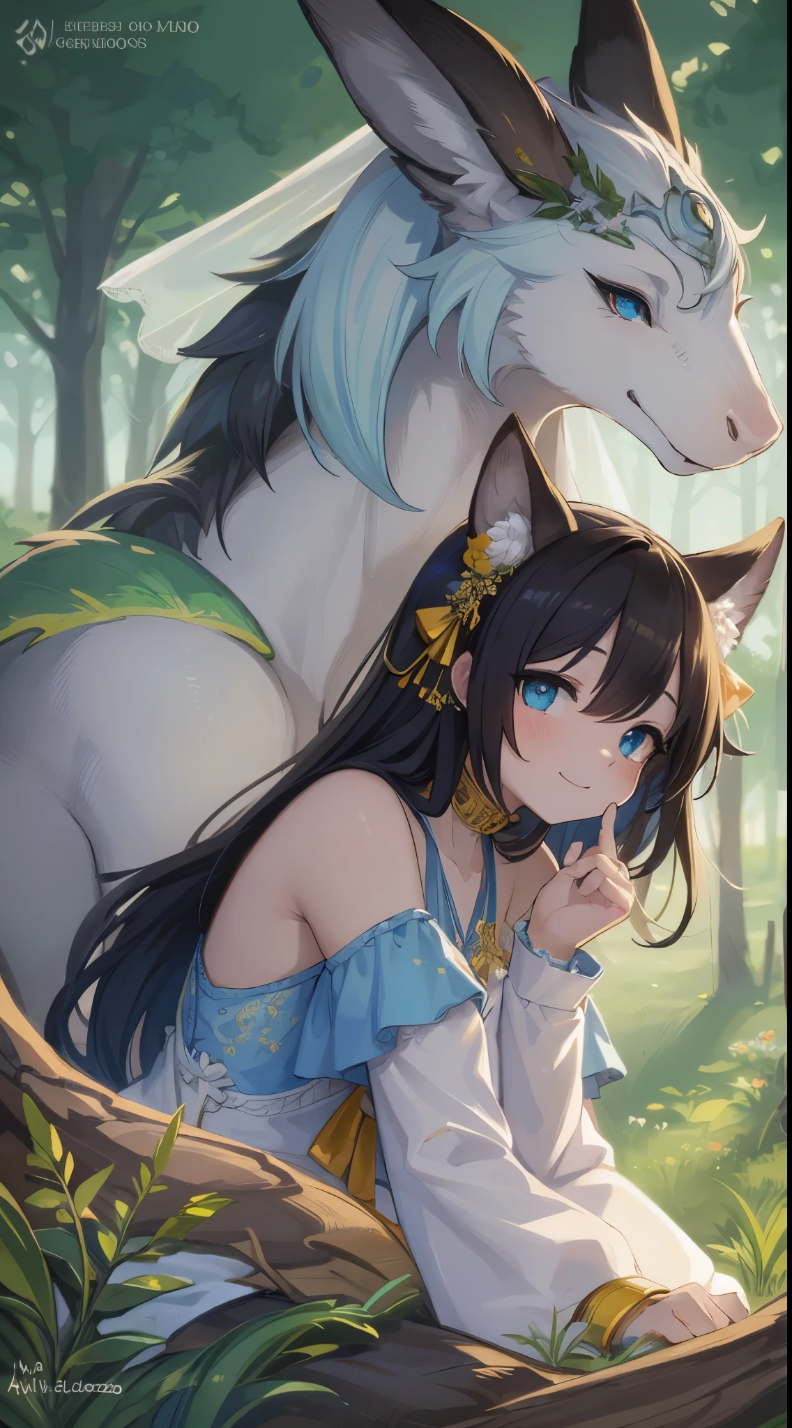 highres, top quality, best quality, paid reward available, High-quality illustrations, unparalleled masterpiece, grass field, absurdres, height difference, large dragon hugs girl((wedding Photo of a Dragon and human  girl))girl, wedding dress, girl hugs dragon, Shy laughter, torogao, happy, kiss(beautiful detailed eyes and face)caustics, dynamic lighting, deep shadow, lens flare,