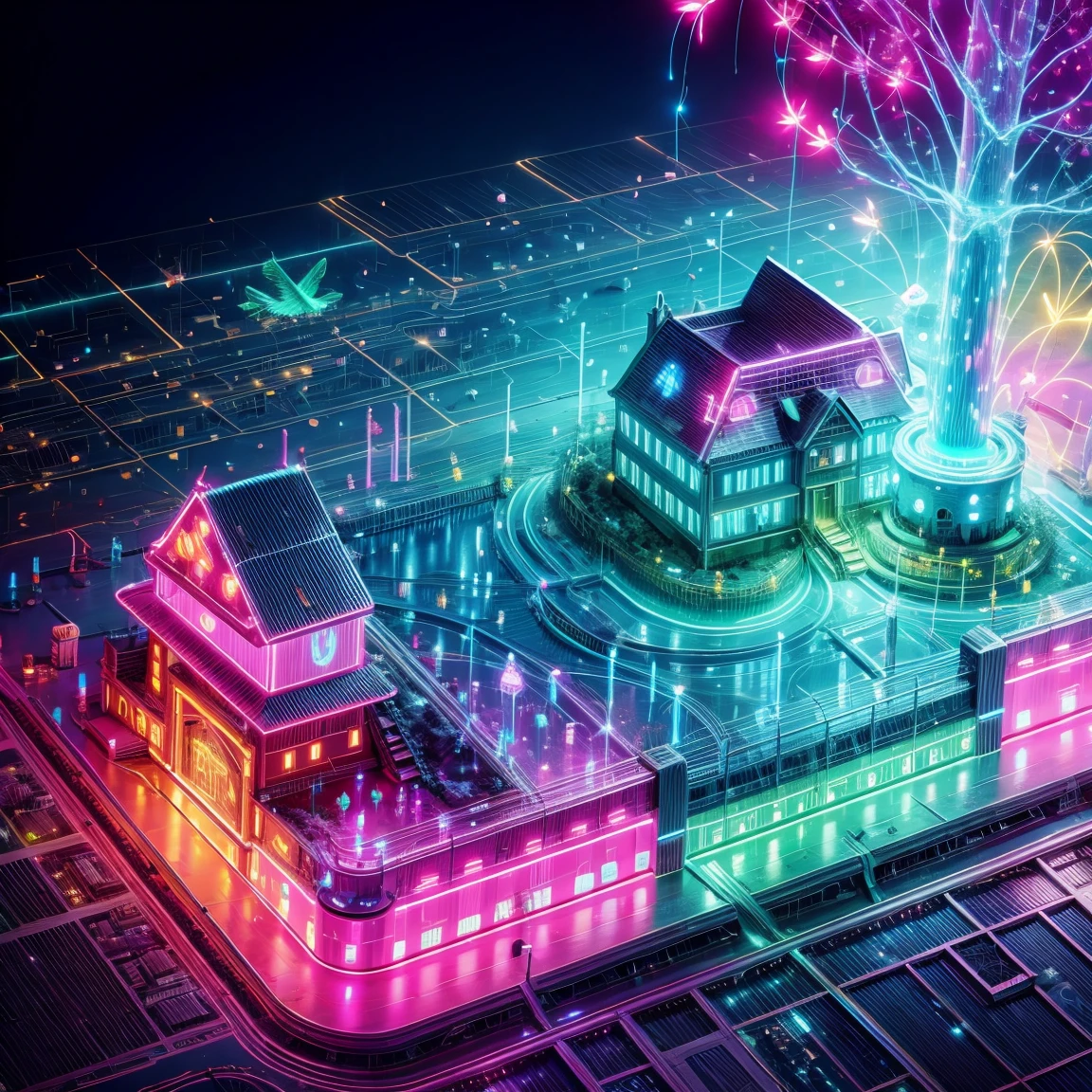 Village illuminated by neon lights，glowing animals and plants，Houses are circuit boards，Street lamps flow with liquid light，((Aerial viewing angle:1.5))