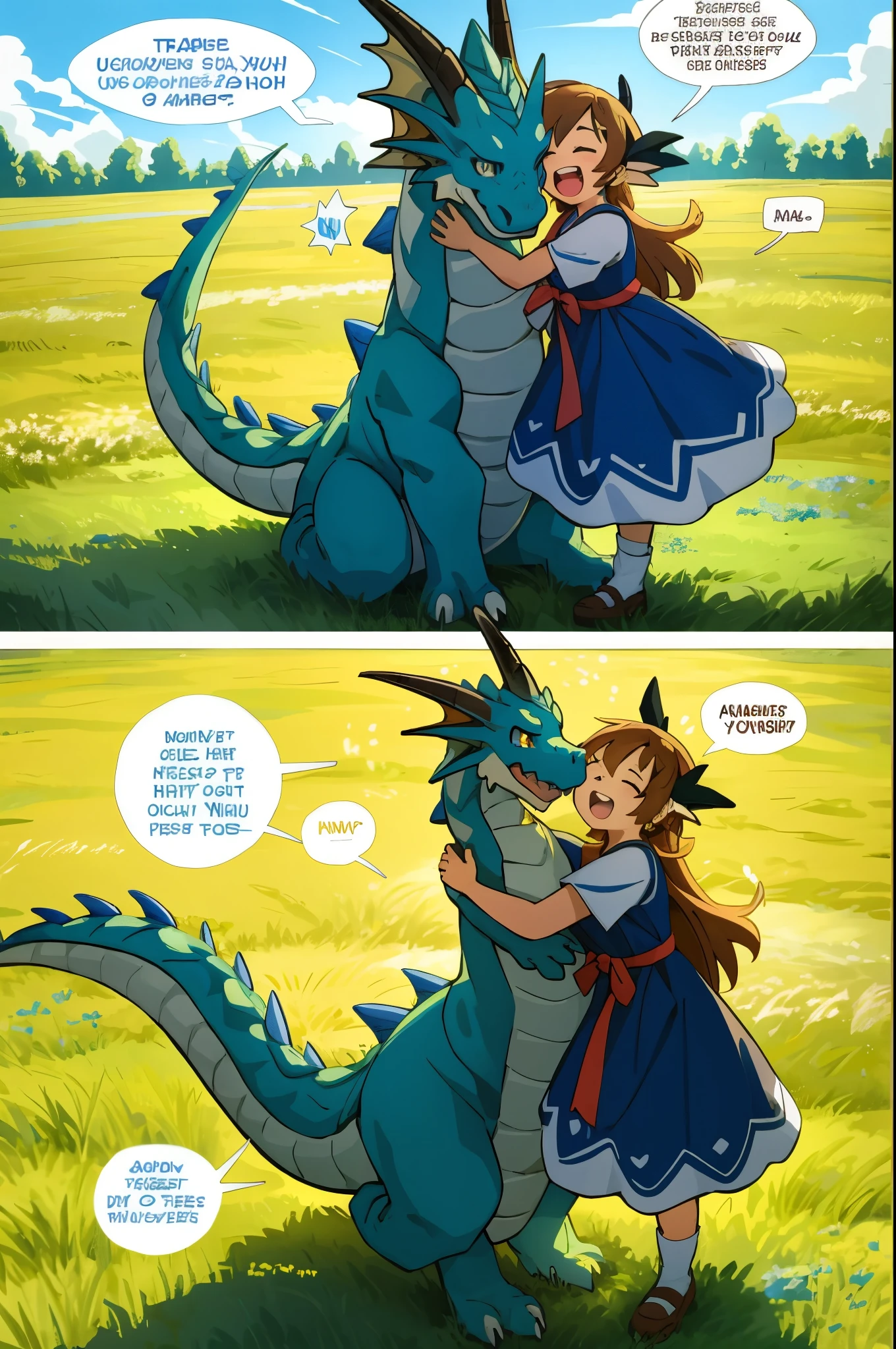 top quality, best quality, highres, masterpiece, super high resolution, detailed background, grass field, under refreshing blue sky, height difference, large Dragon, smile, hugs girl((movie of a Dragon and human girl))girl hugs dragon, dress skirt, smile, open mouth, happy, joyful absurdres(highly detailed beautiful face and eyes)perfect anatomy, good lighting, cinematic shadow, assorted expressions, assorted poses, assorted angles, full body, upper shot, dynamic angle(girls comic-like panel layouts, speech balloon, English text, Hand-drawn sound effects stickers used in girls comic),