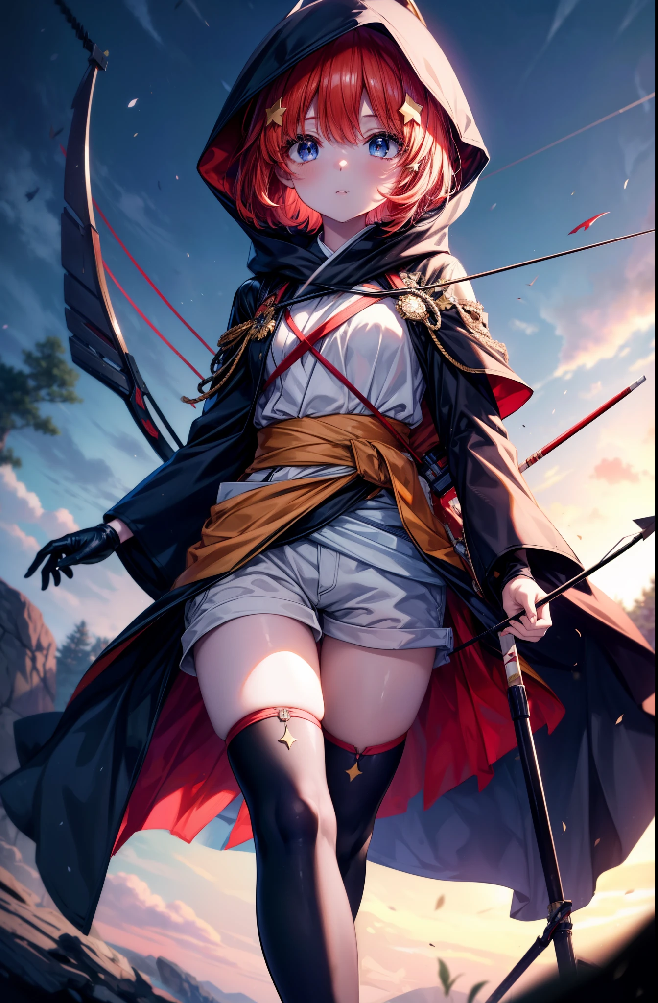 itsukinakano, Itsuki Nakano, bangs, blue eyes, hair between eyes, redhead, star \(symbol\), hair ornaments, star hair ornaments,hood up,short hair,holding archery in the right hand,He wears a quiver with an arrow on his waist., asymmetrical clothes, boots, cloak,gloves, red Thighhighs, high heels, shorts, Thighhighs,So that the whole body goes into the illustration,walking,
break outdoors, forest,forest林, (cowboy shot:1. 5)
break (masterpiece:1.2), highest quality, High resolution, unity 8k wallpaper, (figure:0.8), (detailed and beautiful eyes:1.6), highly detailed face, perfect lighting, Very detailed CG, (perfect hands, perfect anatomy),