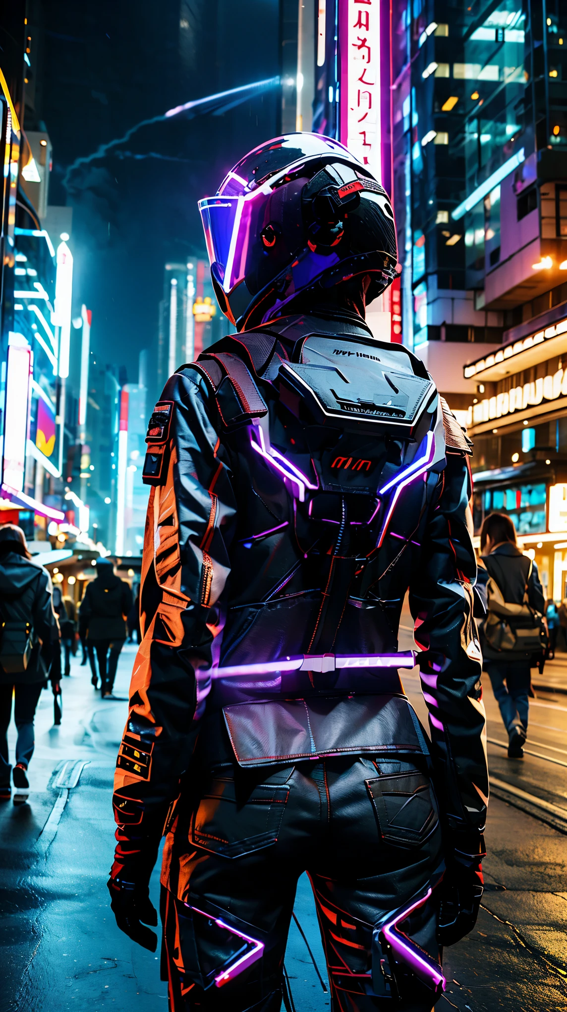(Good structure),HDR,UHD,8K,1girl,building,Cyberpunk protective clothing,city,Cyberpunk gas mask,Cyberpunk protective helmet,A glowing helmet,Neon lights,Neon color,city lights,cityscape,Luminous clothing,night,Many glowing lines throughout the body,Above the knee,Back facing camera,Upper body,Turn your back to the camera,Cyberpunk,glowing,mecha,neon lights,realistic,science fiction,skyscraper,solo
