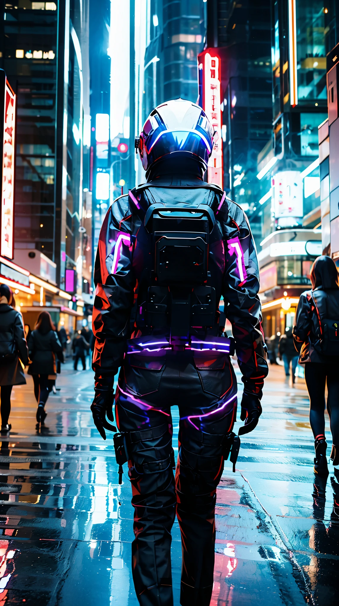 (Good structure),HDR,UHD,8K,1girl,Cyberpunk protective clothing,Cyberpunk gas mask,Cyberpunk protective helmet,A glowing helmet,Neon lights,Neon color,ground vehicle,helmet,night,Mask screen reflection,Oblique side close-up,machinery,Upper body,Cyberpunk,mecha,pilot suit,realistic,retro artstyle,science fiction