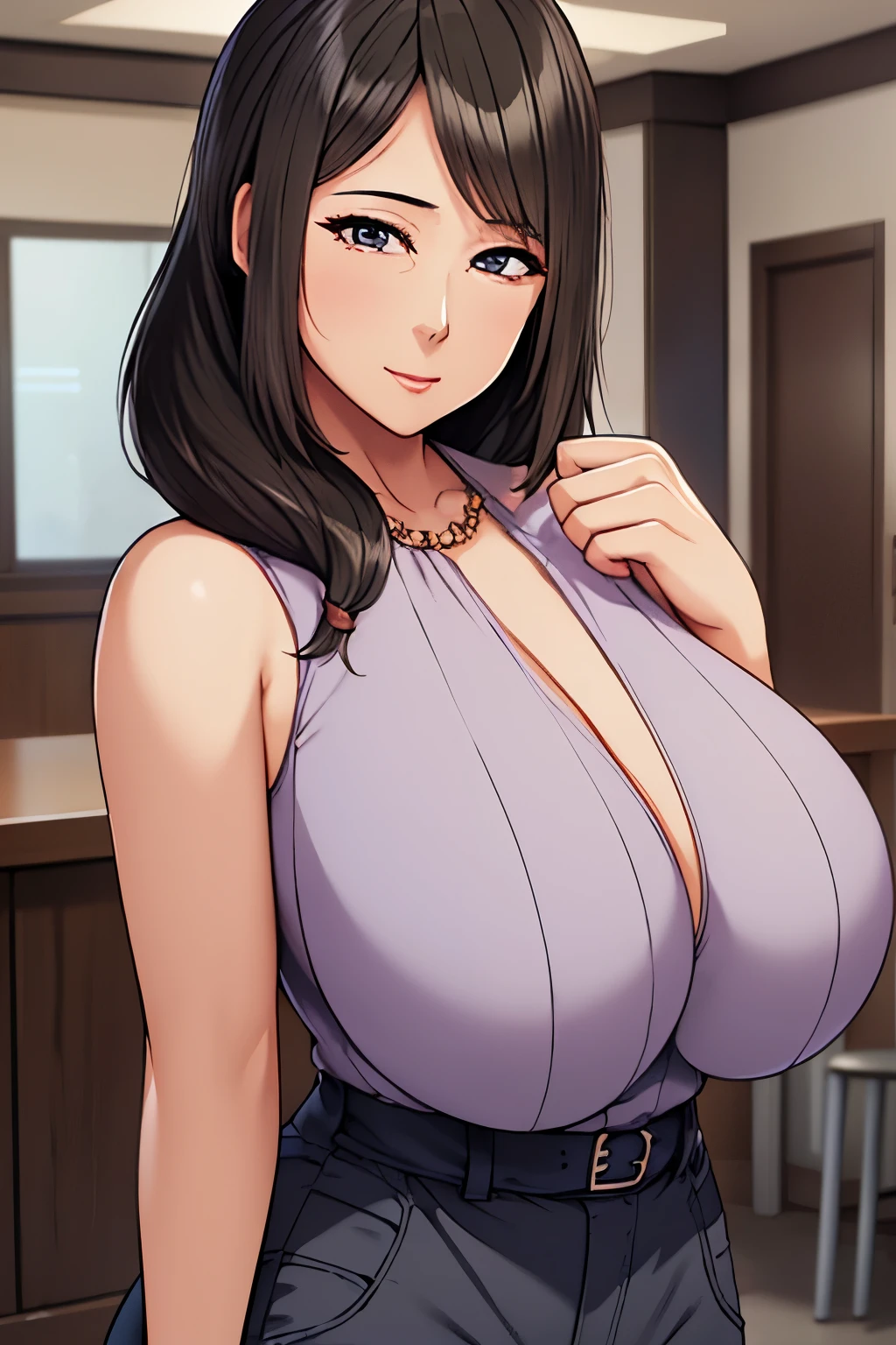 (masterpiece, best quality, detailed illustration, high resolution), ((1girl, solo)), ((huge breasts, large breasts, slim waist, long legs, fit body, toned body)), ((black hair)), ((casual clothes)), ((full body, closeup view)), ((standing)), ((looking at the viewer, facing the viewer)), office setting, ((fair skin)), oiled skin, ((large breasts, mature woman, mature female, mature lady)), ((hair tied)), (detailed eyes), ((standing)), (view from far)