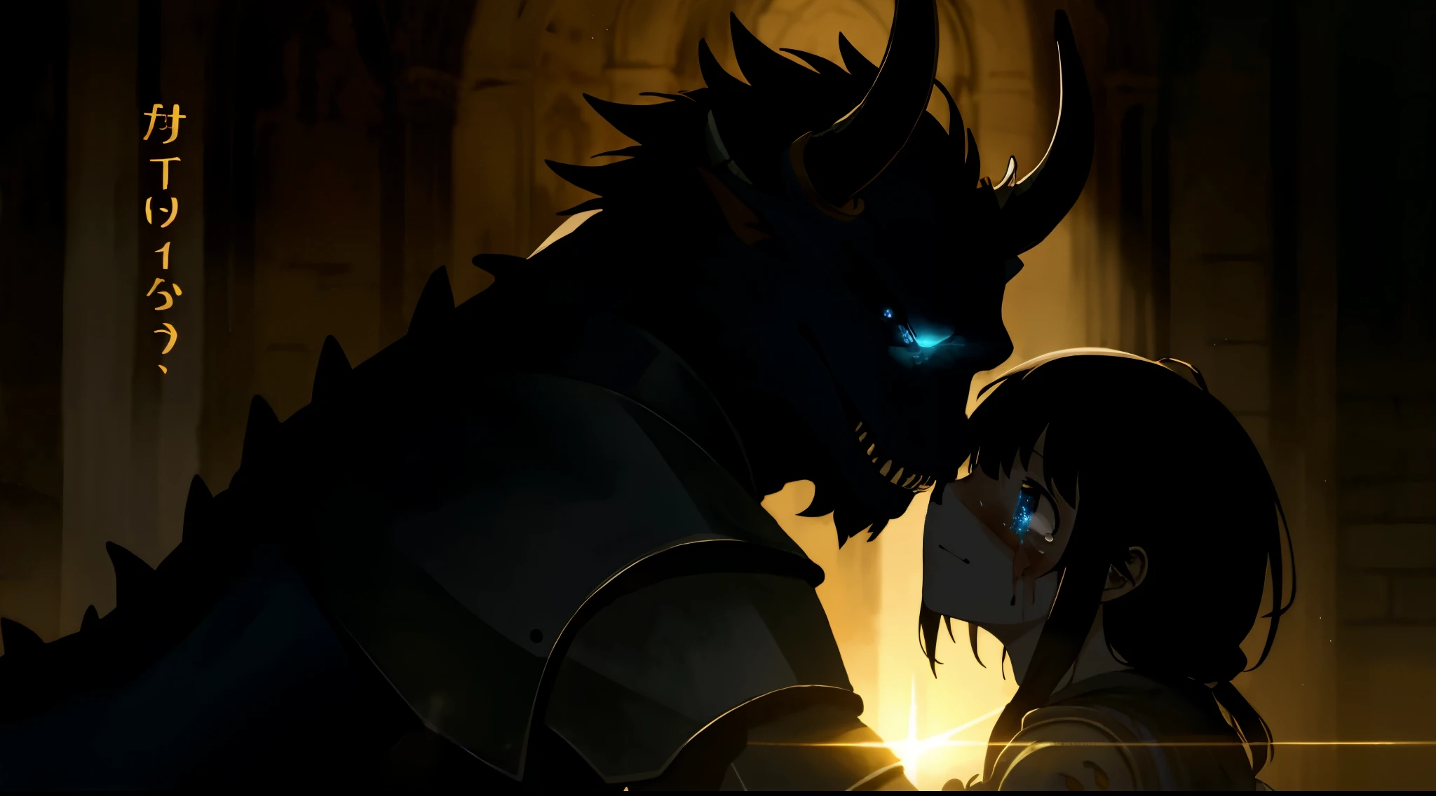 highres, top quality, best quality, paid reward available, High-quality illustrations, unparalleled masterpiece, The Decaying Demon King's Castle, absurdres, height difference, large demon hugs girl((movie of a Dragon and human  girl))Female Warrior, Wounded Armor, hopelessness, tears, Fatigue(beautiful detailed eyes and face)caustics, dynamic lighting, deep shadow, cinematic shadow, lens flare, cinematic angle, subtitles, English text,