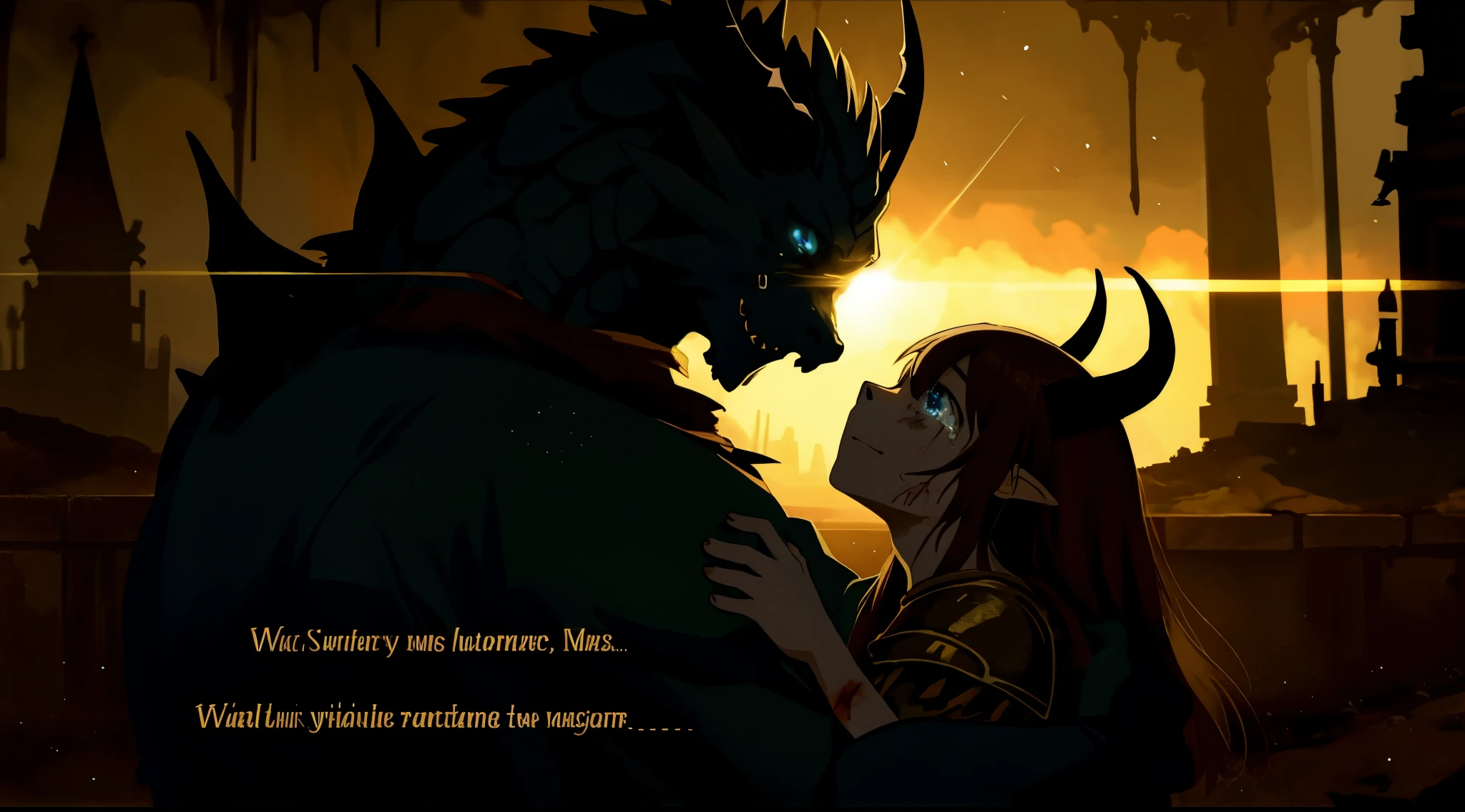 highres, top quality, best quality, paid reward available, High-quality illustrations, unparalleled masterpiece, The Decaying Demon King's Castle, absurdres, height difference, large demon hugs girl((movie of a Dragon and human girl))Female Warrior, Wounded Armor, hopelessness, tears, Fatigue(beautiful detailed eyes and face)caustics, dynamic lighting, deep shadow, cinematic shadow, lens flare, cinematic angle, subtitles, English text,