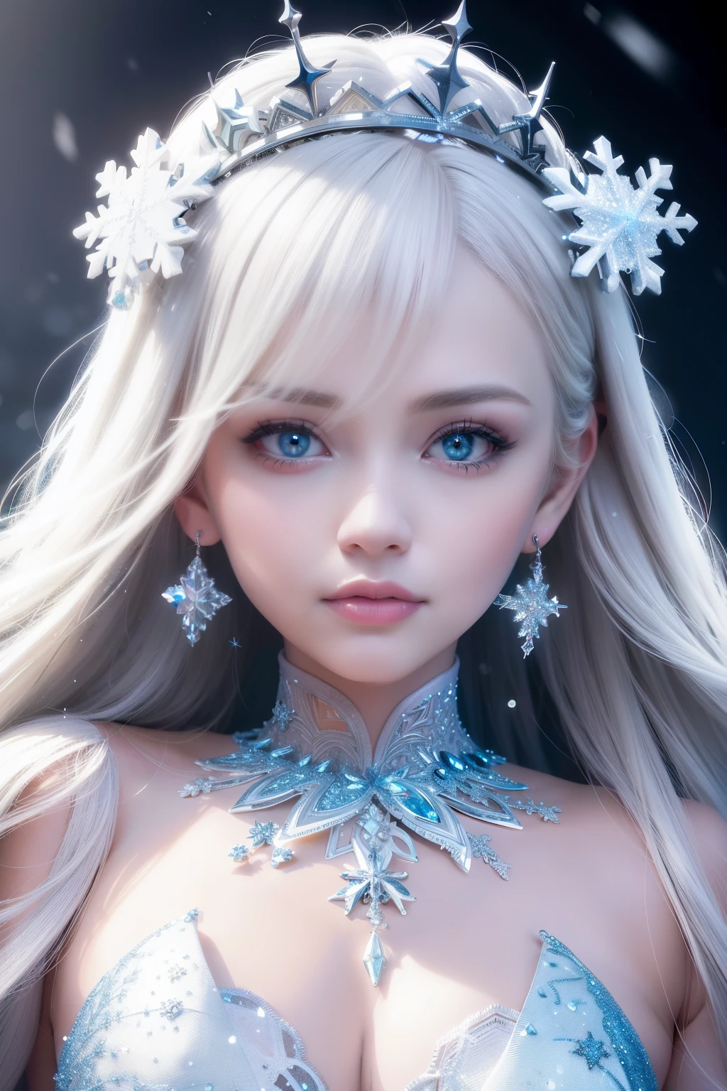 Snow-covered landscape, best quality, winter masterpiece, intricately detailed ice crystals, bright and vibrant, sharp focus, Pixar-inspired scene, delicate flakes gently falling, beautiful Snow Queen, symmetrical frozen face, blue eyes, long blonde braids, detailed facial features, intricate ice crown adorned with precious gems, frosty rosy cheeks, detailed neckline, pearl earrings, dramatically lit, hyper-realistic rendering, snowflakes renders by KeyShot, high-resolution wallpaper, capturing the essence of winter wonderland.