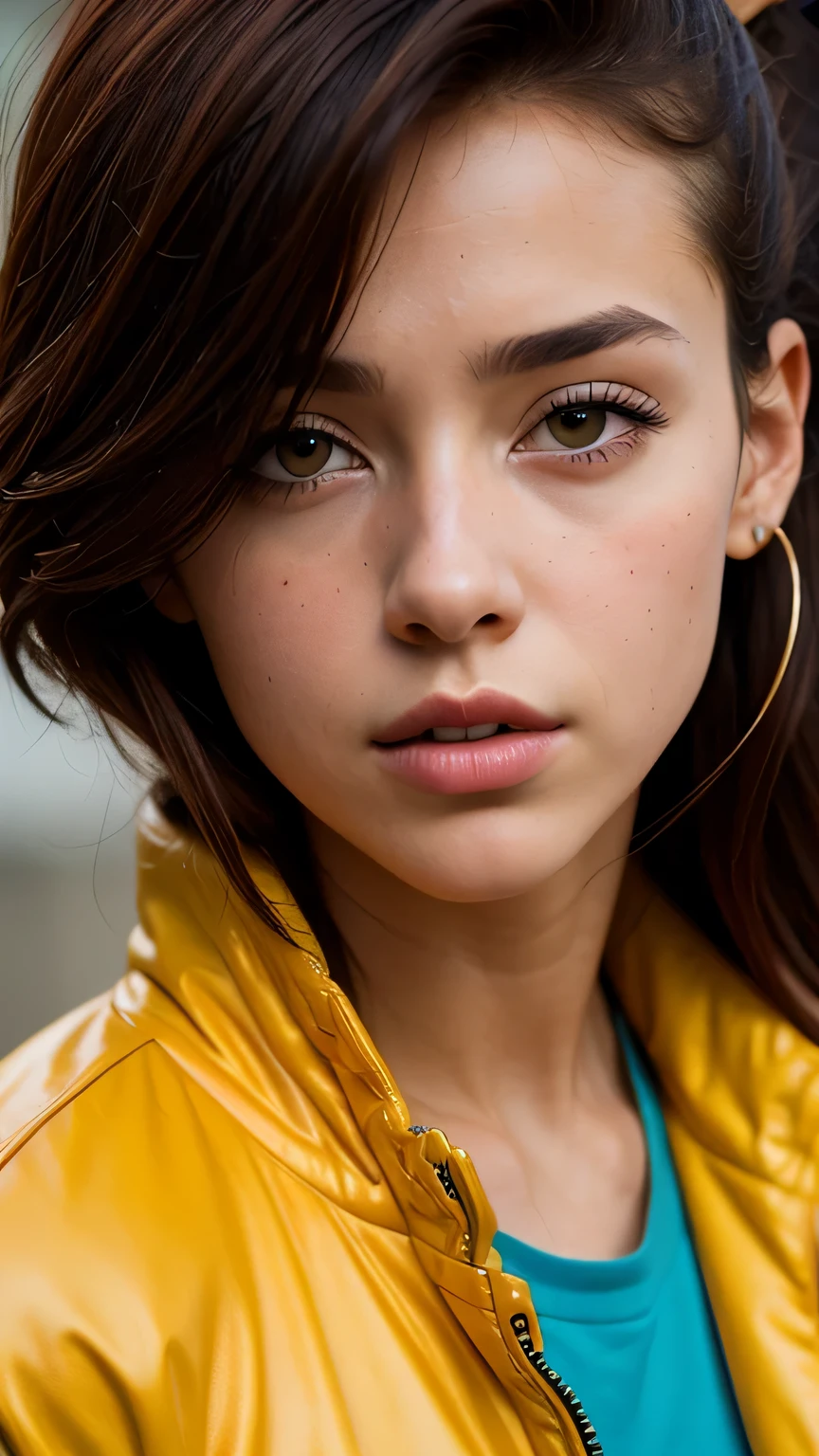 RAW photo, 20 year old close up portrait photo.o 1 girl, alone, realistic,shirt,Jacket, cyber punk, spike hair,brown hair, yellow Jacket, The background is the city ruins, (high definition skin:1.2), 8k UHD, Digital single-lens reflex camera, soft lighting, high quality, film grain, Fujifilm XT3, highly detailed background, (((close up of face)))