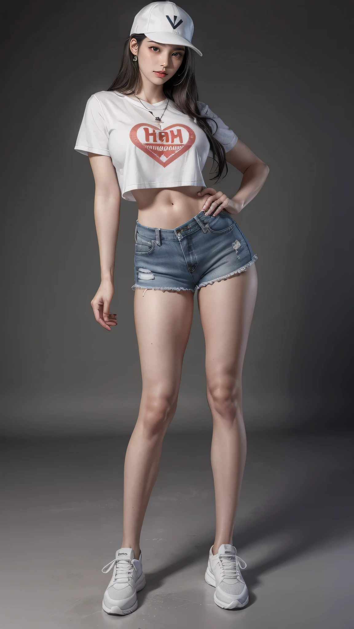 (masterpiece, best quality, realistically, Work, super detailed, 8k), ((Wide-angle lens, Full body female love)), 1 girl，Light makeup，Exquisite facial features，Smile，big breasts，Exquisite crystal jewelry，heart shaped necklace，Pointed hat，Correct finger structure，Hip-hop style T-shirt，low rise denim shorts，sports shoes，long legs，front standing posture ，facing the audience，full body portrait，gray background