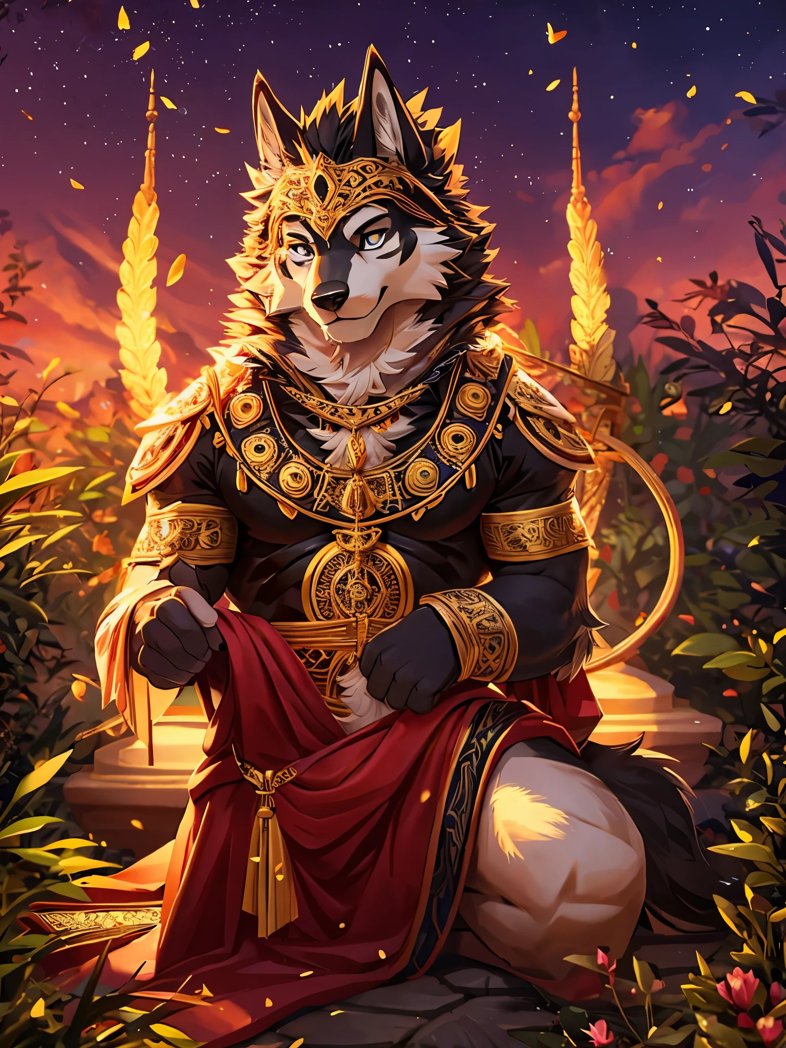 male wolf monk in the garden,dreamy background, lotus position, put one's palms together, The Sanskrit golden wheel behind it, Flying golden Sanskrit, kindness, divinity,divine light, holy light, boundless light, magnificent sunset background, octane render, gorgeous features, beautifully detailed eyes,intricate fur, detailed face, perfect skin texture, extreme details, full body view, cinematic lighting, professional lighting, centered, looking at camera, 8k, shot with Hasselblad X1D-50, maximum focus, depth of field, perfect lighting, light particles(best quality)(masterpiece)(ultra detailed)sharp focus,light particles,