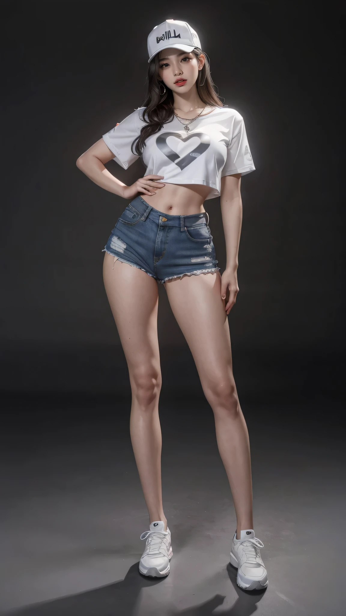 (masterpiece, best quality, realistically, Work, super detailed, 8k), ((Wide-angle lens, Full body female love)), 1 girl,Light makeup,Exquisite facial features,Smile,big breasts,Exquisite crystal jewelry,heart shaped necklace,Pointed hat,Correct finger structure,Hip-hop style T-shirt,Denim shorts,sports shoes,long legs,front standing posture ,facing the audience,full body portrait,gray background