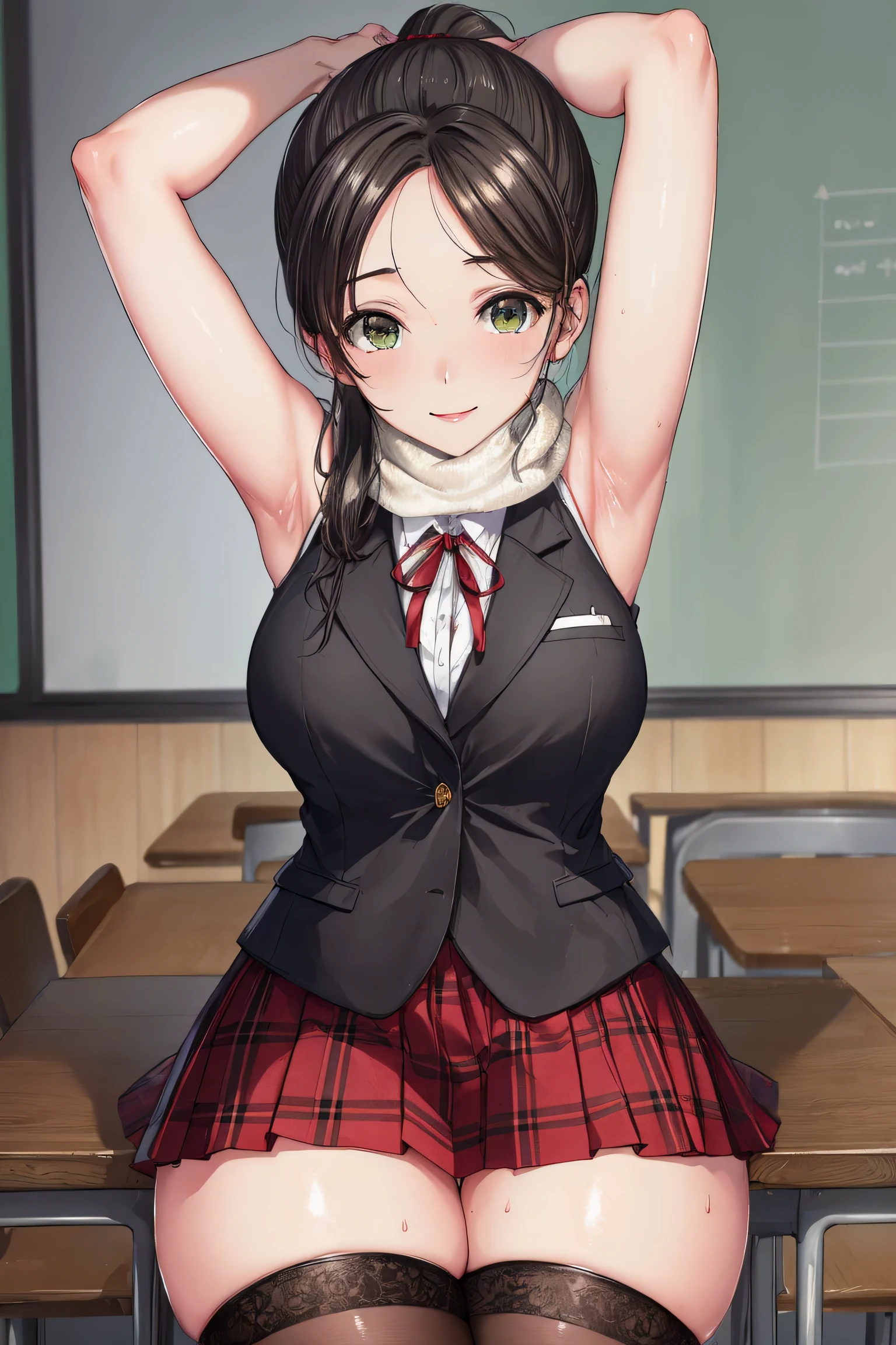 akaneyoshizawa, akane yoshizawa, black hair, ponytail, (green eyes:1.5), swept bangs, long hair,
BREAK (blazer, red ribbon, plaid skirt, black thighhighs:1.2)
BREAK indoors, classroom,
BREAK curvy body, facing viewer, sweaty, gorgeous, arms up, straddling, smiling, ((arm warmer)),
BREAK (masterpiece:1.2), best quality, high resolution,NSFW ,unity 8k wallpaper, (illustration:0.8), (beautiful detailed eyes:1.6), extremely detailed face, perfect lighting, extremely detailed CG, (perfect hands, perfect anatomy),