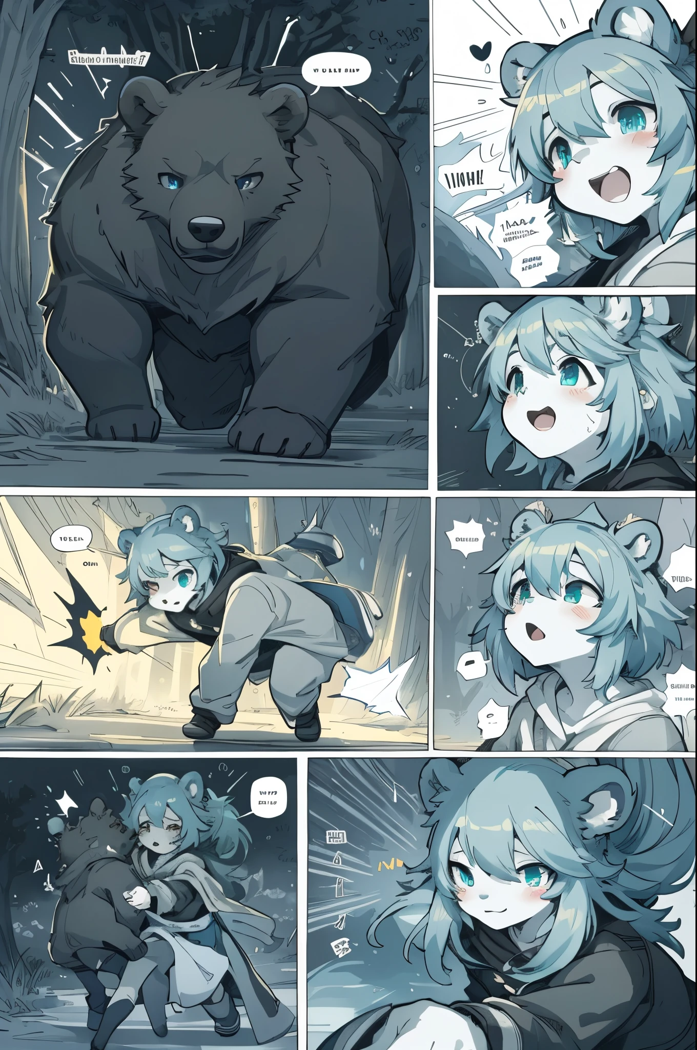 top quality, best quality, highres, masterpiece, super high resolution, detailed background, forest(super cute 1girl, bear, pair)singing, dancing, waltz, absurdres(highly detailed beautiful face and eyes)perfect anatomy, good lighting, cinematic shadow(kemono, furry anthro)assorted expressions, assorted poses, assorted angles, full body, upper shot, dynamic angle(girls comic-like panel layouts, speech balloon, English text, Hand-drawn sound effects stickers used in girls comic),