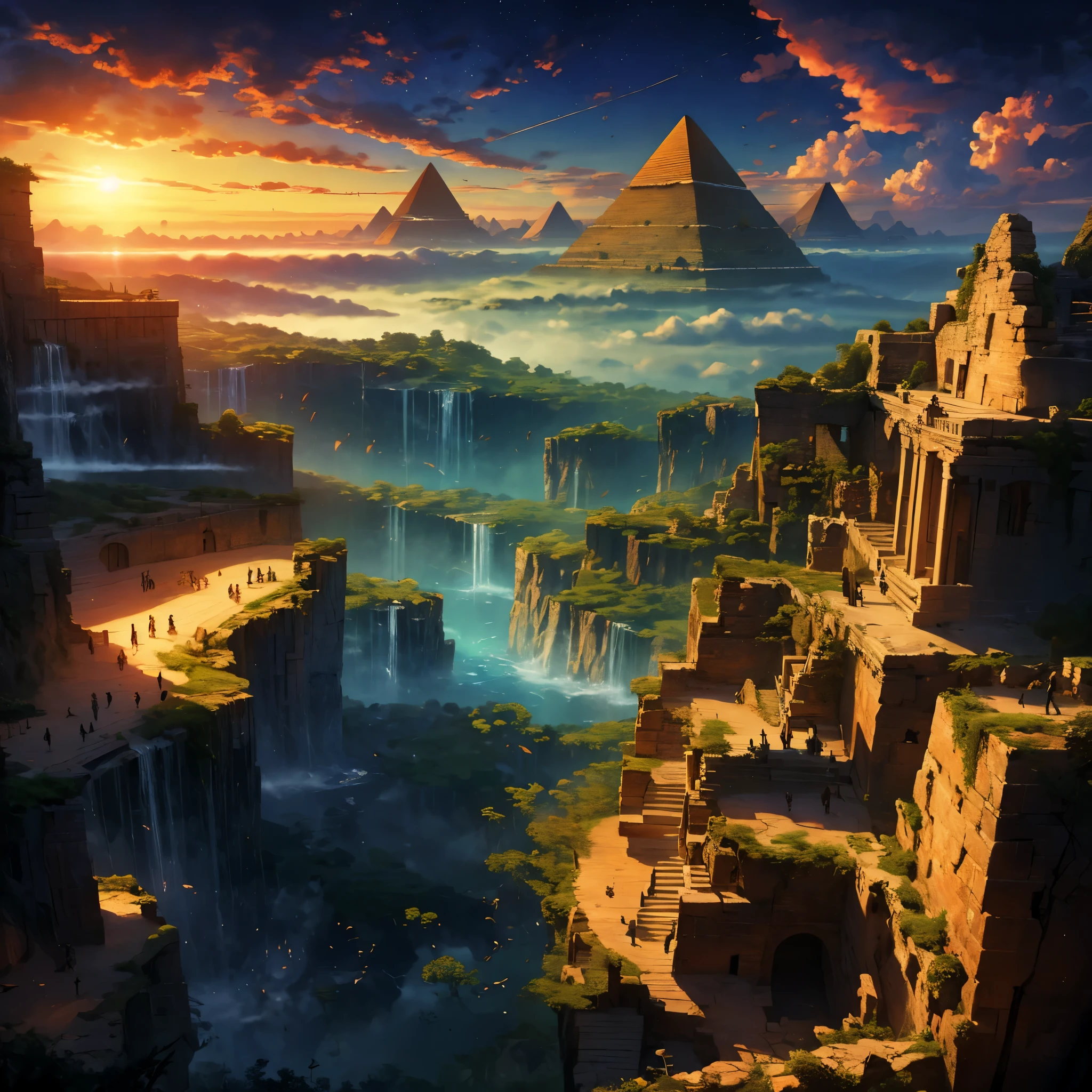 highest quality, masterpiece, ultra high resolution, 8k,ancient egypt，pyramids rising into the sunset、fantasy，beautiful，wonderland，landscape、magic、mysterious、greek style architecture