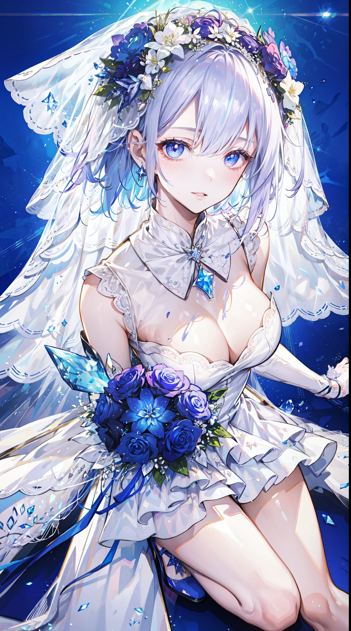 (best quality)+,(on the table)++,(Super detailed)++, Masterpiece Top Quality Super Fine Illustration High Detail Lighting Perfect Lighting, (1 bride:1.3),, First class female body, Perfect body, beautiful breasts, View from the front, from above, delicate luster, Beautiful and delicate eyes, cute face, beautiful lips, semi-realistic, a girl surrounded by crystals, blue eyes, Beautiful light purple hair, Beautiful iridescent eyes, Beautiful long and tousled hair, Sexy brides,Sexy wedding dress, Glow effect lens flare lotion gloss shine holy light background sunlight, silver high heels, looking at the audience,