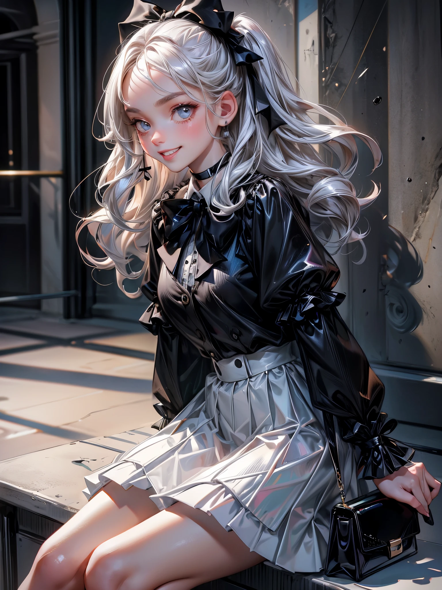 (cg, Digital art, 8k, best quality, masterpiece, ultra-detiled:1.4), (white and black theme:1.4), (mode fashion:1.6), (fog and mist Blurred background, Perfect and beautiful concrete background:1.4), (Inorganic and nostalgic white lighting:1.4),
//Character
BREAK
1girl, beautiful fashion Influencer, 22 years old, Tightened all body, (medium Breasts, abs), (small head, small face, cute face:1.4), small mouth, diamond Face, small nose, Sharp Faceline, (big eyes, Round eyes, dropy eyes, Double eyelid, Light color eyes, Glossy eyes, Shiny eyes, Shiny skin, shiny hair, happy, smile, Teeth, Glossy Lips, beautiful Teeth:1.4), perfect beautiful fingers and legs,
BREAK _ (girly:1.5), Ultra-Cute Monochrome Ensemble with Ribbon Theme,
Create a girly and ultra-cute ensemble composed of white, black, and grey tones, centered around a ribbon theme,
Start with a white blouse featuring puffy sleeves and a Peter Pan collar adorned with delicate black ribbon trim,
Pair the blouse with a pleated grey skirt with black ribbon accents, adding movement and charm to the look,
BREAK
Layer the ensemble with a cropped black cardigan featuring white polka dots and ribbon bows for a playful touch,
Accessorize with a black ribbon choker necklace adorned with a sparkling gemstone pendant, adding a hint of elegance to the outfit,
BREAK
Complete the ensemble with white knee-high socks adorned with black ribbon bows and patent leather Mary Jane shoes for a classic yet adorable finish,
Carry a black handbag with white ribbon detailing, matching the overall theme of the ensemble,
BREAK
//Accessories
White ribbon hair bow adorned with a small black bow for a whimsical hairstyle,
Black ribbon wristwatch with a round face and white dial for a subtle yet stylish accessory,
BREAK