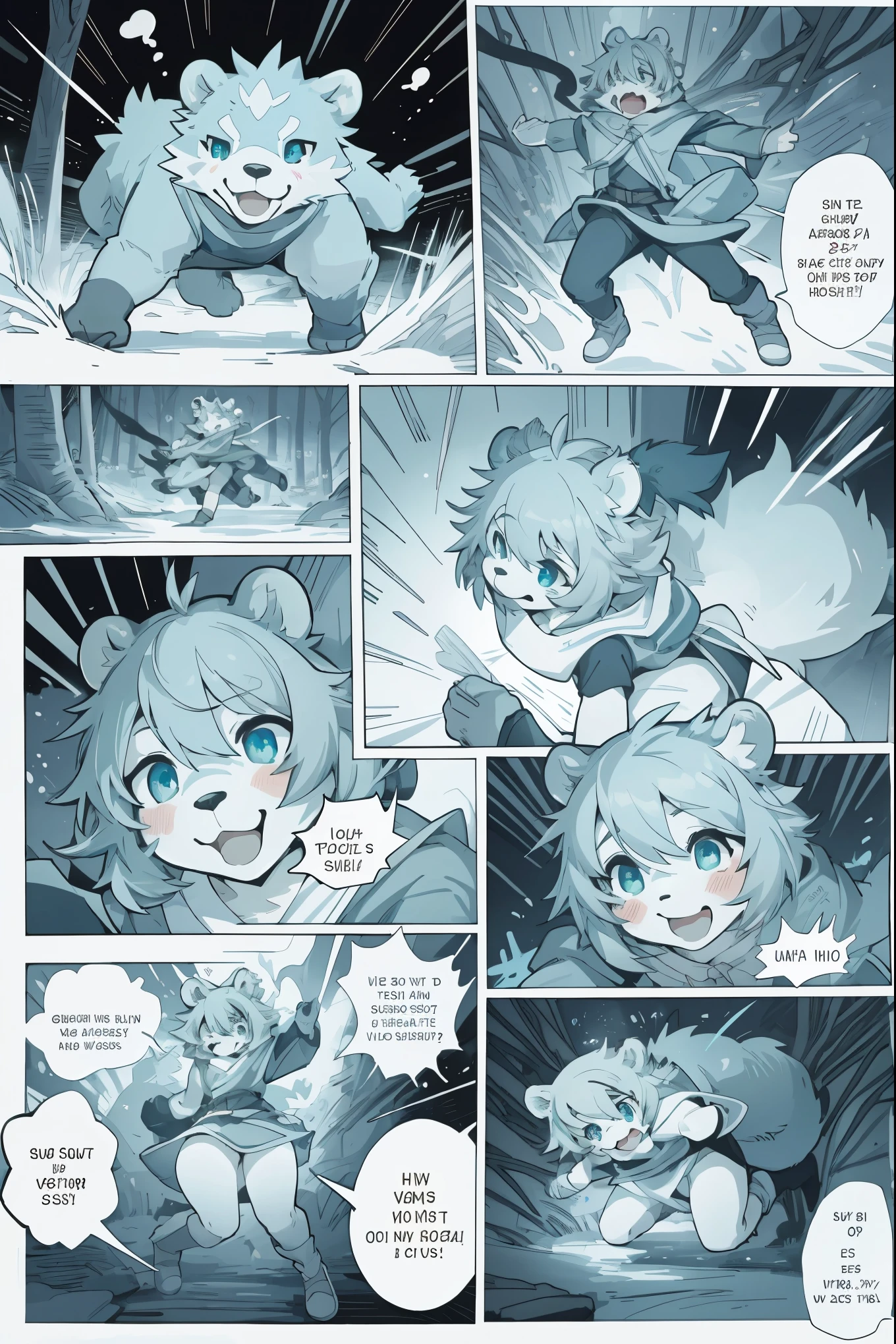 top quality, best quality, highres, masterpiece, super high resolution, detailed background, forest(super cute 1girl, bear, pair)singing, dancing, waltz, absurdres(highly detailed beautiful face and eyes)perfect ???????, good lighting, cinematic shadow(kemono, furry anthro)assorted expressions, assorted poses, assorted angles, full body, upper shot, dynamic angle(girls comic-like panel layouts, speech balloon, English text, Hand-drawn sound effects stickers used in girls comic),