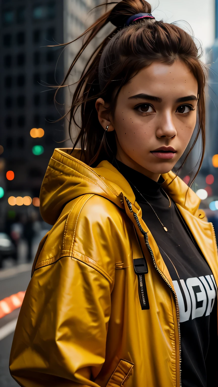 RAW photo, 20 year old close up portrait photo.o 1 girl, alone, realistic,shirt,Jacket, cyber punk, spike hair,brown hair, yellow Jacket, The background is the city ruins, (high definition skin:1.2), 8k UHD, Digital single-lens reflex camera, soft lighting, high quality, film grain, Fujifilm XT3, highly detailed background