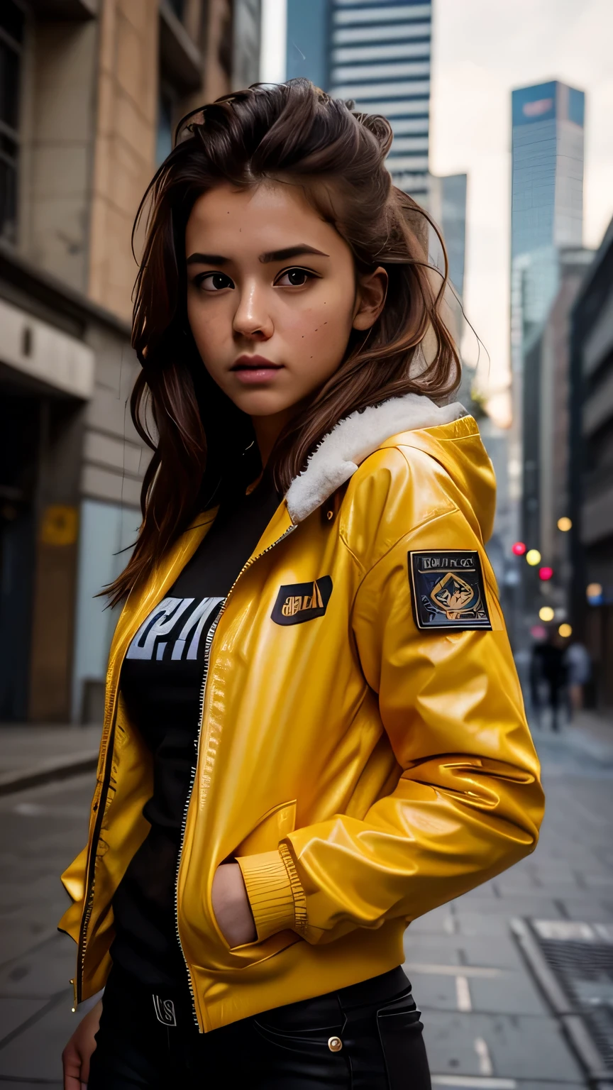 RAW photo, 20 year old close up portrait photo.o 1 girl, alone, realistic,shirt,Jacket, cyber punk, spike hair,brown hair, yellow Jacket, The background is the city ruins, (high definition skin:1.2), 8k UHD, Digital single-lens reflex camera, soft lighting, high quality, film grain, Fujifilm XT3, highly detailed background