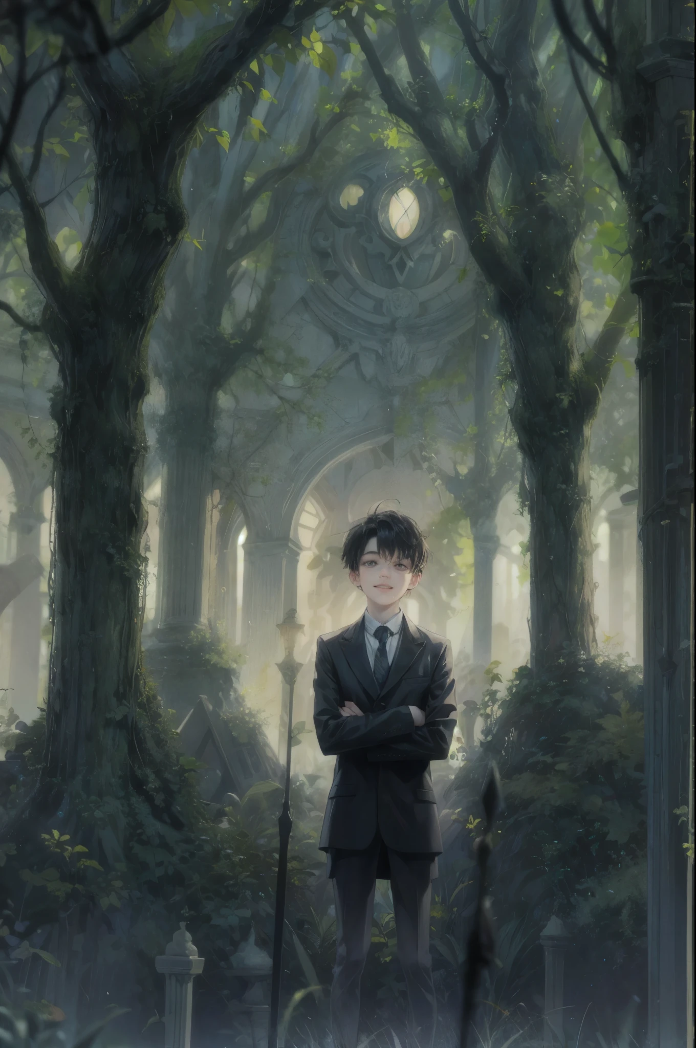 ((Best quality)), ((masterpiece)), (detailed), ((perfect face)), ((halfbody)) handsome face, male, teen boy,  perfect proportions , a male version character from the addams family, short hair, male version, creepy smile, detailed eerie background, detailed eerie scenery 