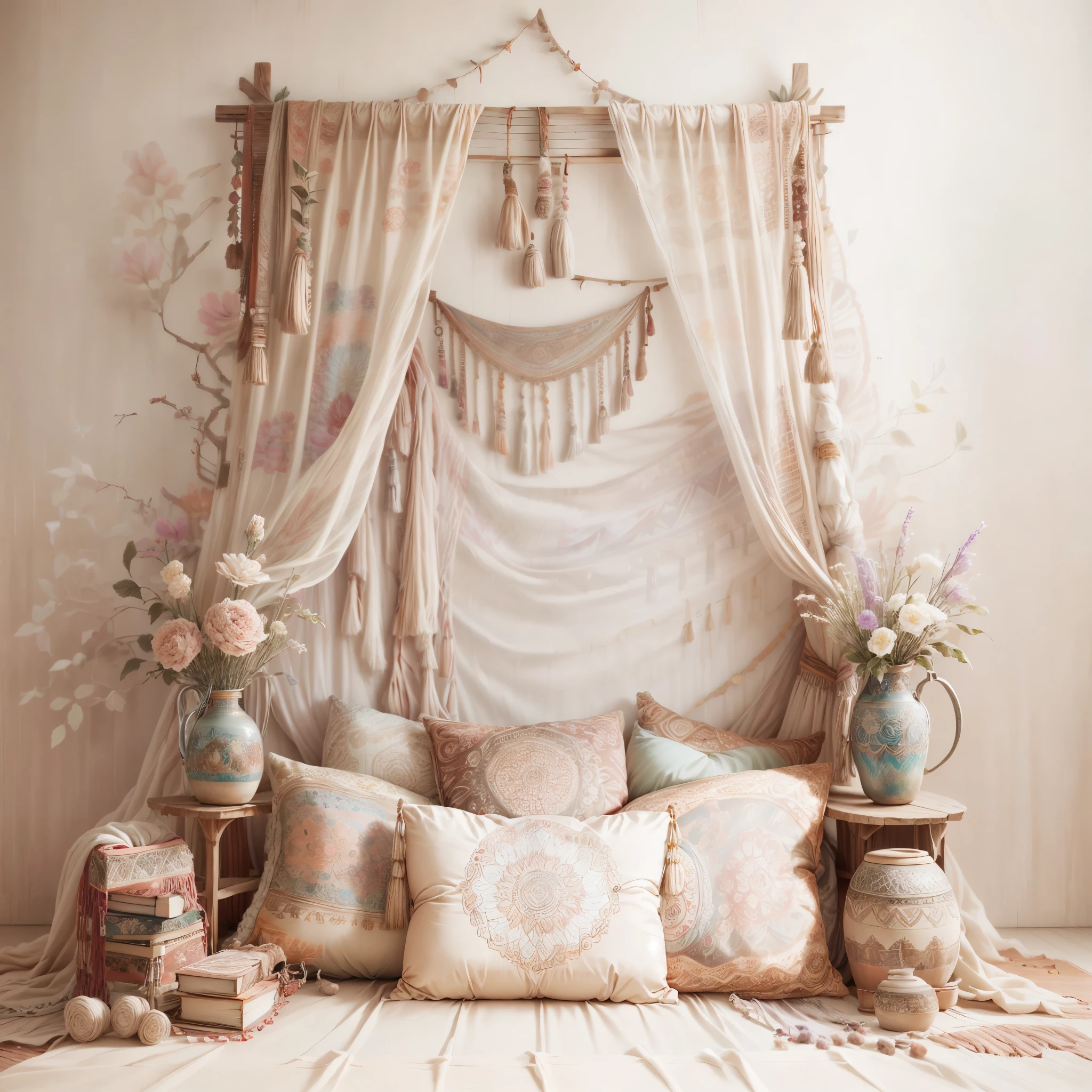 There is a sofa in front of the wall，with pillows and flowers, Gorgeous background, Gorgeous and intricate backgrounds, Stunning mystery background, Flower painting background, Ethereal and dreamy theme, In white boho style studio, boho neutral colors, Baroque background, romantic style, bohemian chic, Fantastic style, beautiful aesthetic, tapestry of dreams