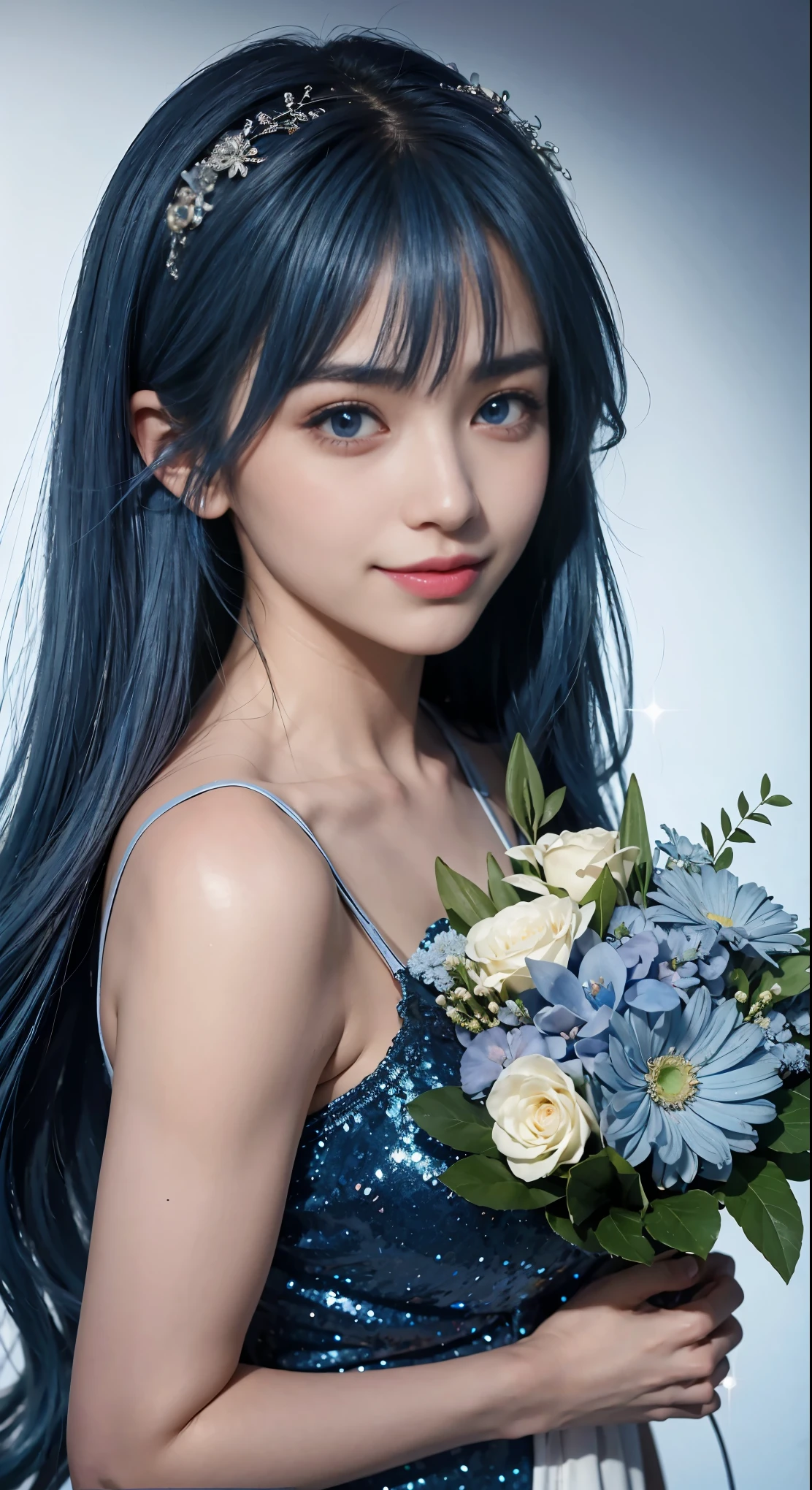 (highest quality)、BREAK,(and soul)(secondary elements)1 girl、(((blue hair)))、hair length、(blue eyes)、gradient eyes、((sparkling eyes))、bright eyes、finely tuned、expressive eyes、(smile)、white teeth、blue clothes、gem、Blue lighting、god々new background、blue theme、(shape:1.5)、abstract、Super detailed、(((have a bouquet)))、