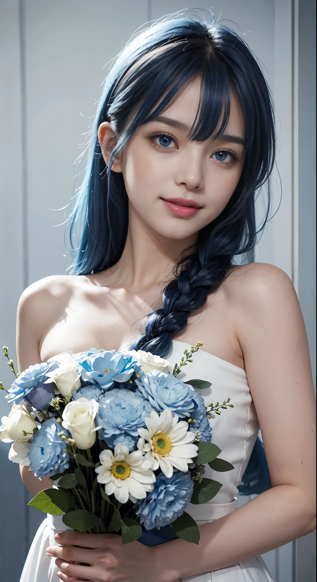 (highest quality)、BREAK,(and soul)(secondary elements)1 girl、(((blue hair)))、hair length、(blue eyes)、gradient eyes、((sparkling eyes))、bright eyes、finely tuned、expressive eyes、(smile)、white teeth、blue clothes、gem、Blue lighting、blue theme、(shape:1.5)、abstract、Super detailed、(((have a bouquet)))、