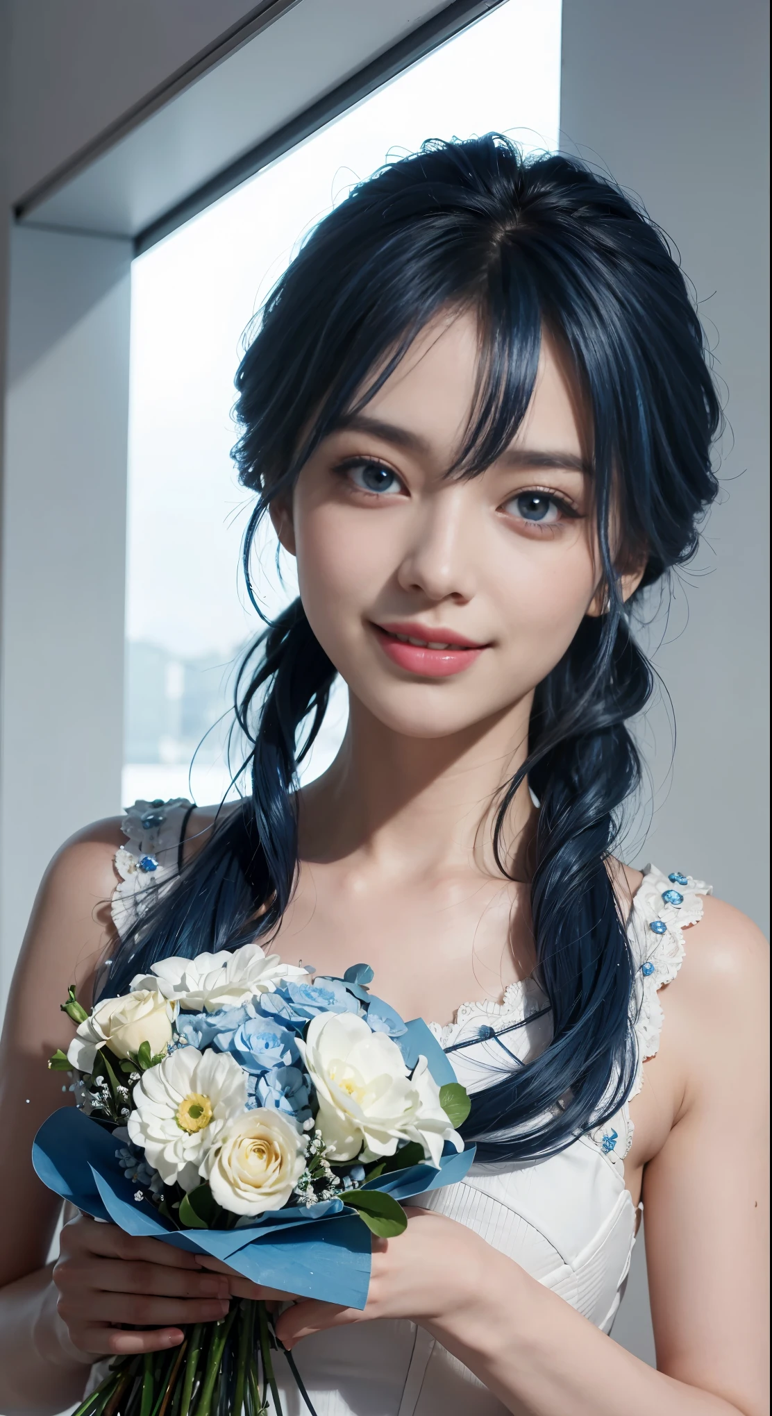 (highest quality)、BREAK,（and soul）（secondary elements）1 girl、(((blue hair)))、hair length、(blue eyes)、gradient eyes、((sparkling eyes))、bright eyes、finely tuned、expressive eyes、(smile)、white teeth、blue clothes、gem、Blue lighting、blue theme、（shape：1.5）、abstract、Super detailed、(((have a bouquet)))、