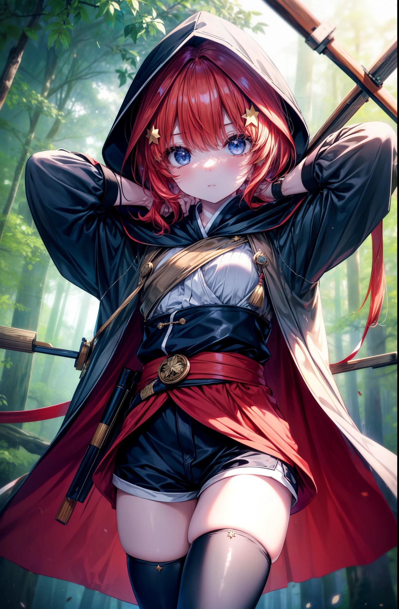 itsukinakano, Itsuki Nakano, bangs, blue eyes, hair between eyes, redhead, star \(symbol\), hair ornaments, star hair ornaments,hood up,short hair,Carrying archery on his shoulders,wears a quiver on one&#39;s waist, asymmetrical clothes, boots, cloak,gloves, red Thighhighs, high heels, shorts, Thighhighs,So that the whole body goes into the illustration,walking,
break outdoors, forest,forest林, (cowboy shot:1. 5)
break (masterpiece:1.2), highest quality, High resolution, unity 8k wallpaper, (figure:0.8), (detailed and beautiful eyes:1.6), highly detailed face, perfect lighting, Very detailed CG, (perfect hands, perfect anatomy),