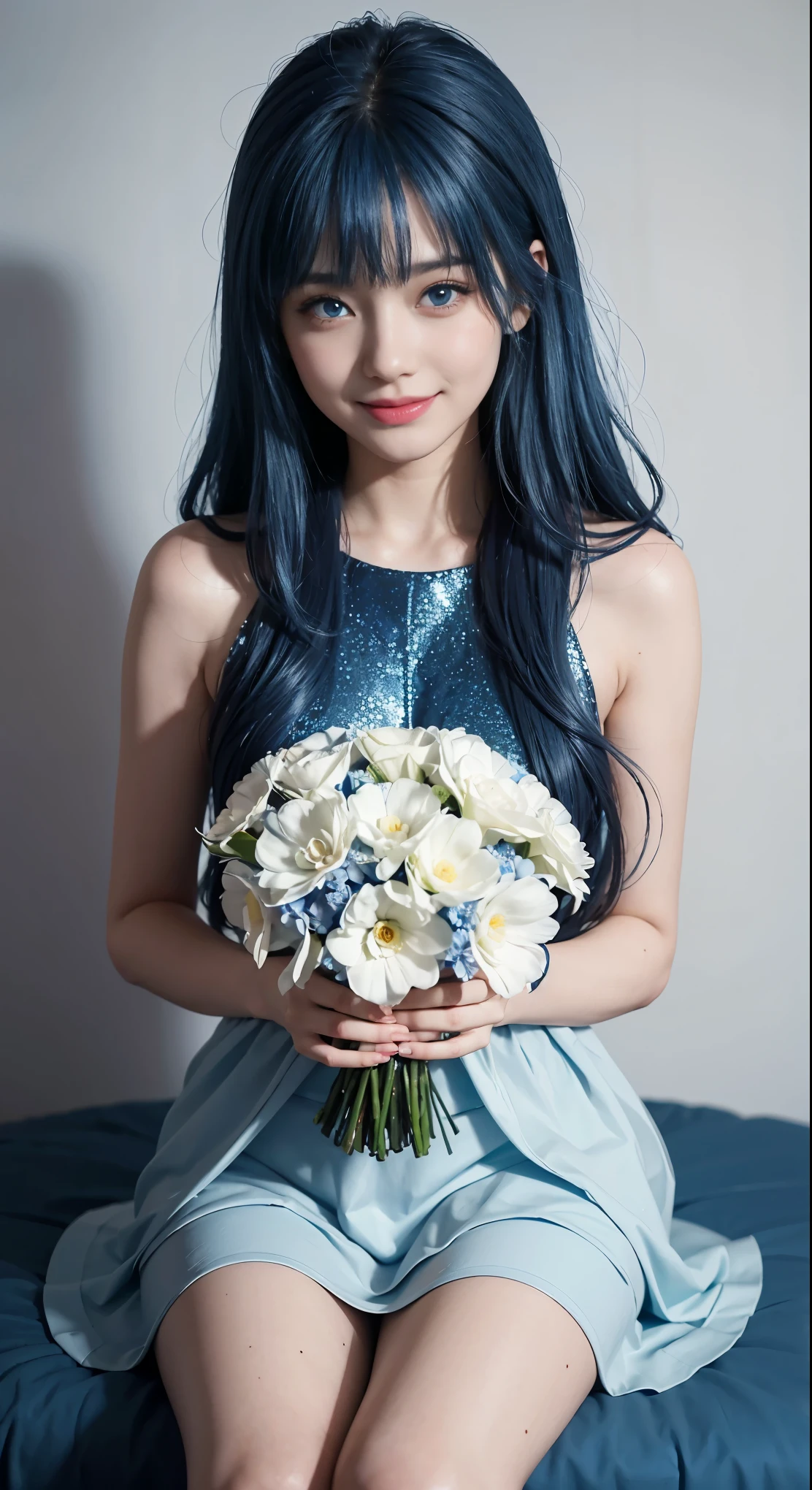 (highest quality)、BREAK,（and soul）（secondary elements）1 girl、(((blue hair)))、hair length、(blue eyes)、gradient eyes、((sparkling eyes))、bright eyes、finely tuned、expressive eyes、(smile)、white teeth、blue clothes、gem、Blue lighting、blue theme、（shape：1.5）、abstract、Super detailed、(((have a bouquet)))、