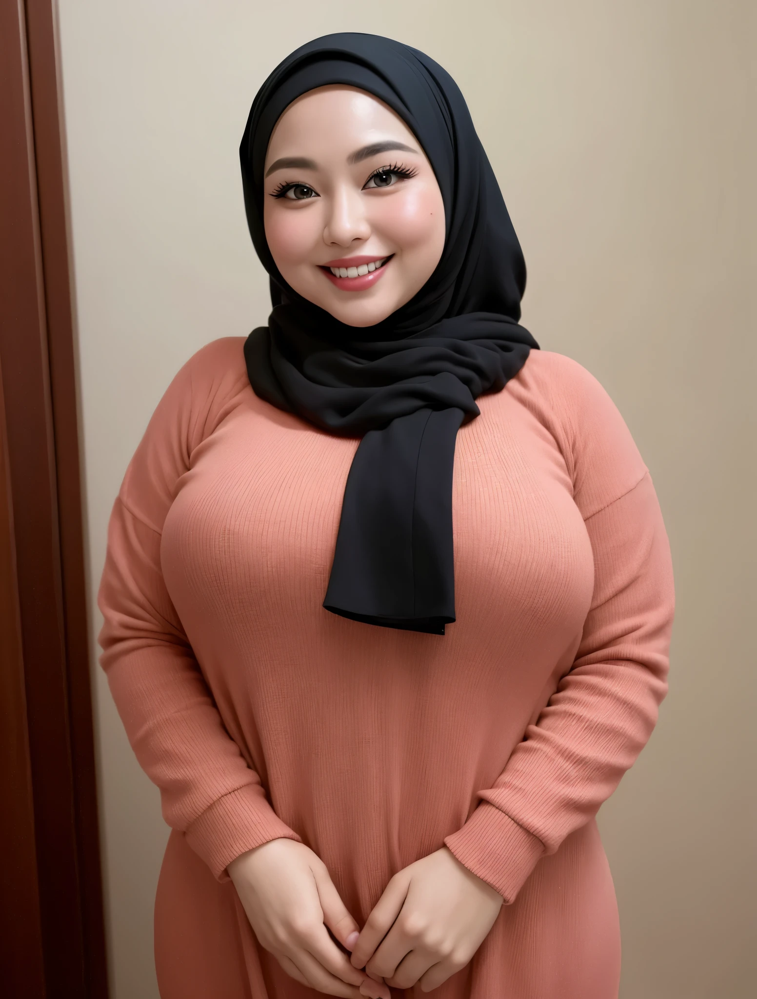 (iu:0.8), RAW, Best quality, high resolution, Masterpiece: 1.3, Beautiful  hijabi bbw chubby malay women ,big eyes, perfect nose, perfect bbw body, wearing sexy dress, huge large big breast, Masterpiece, smile teeth.