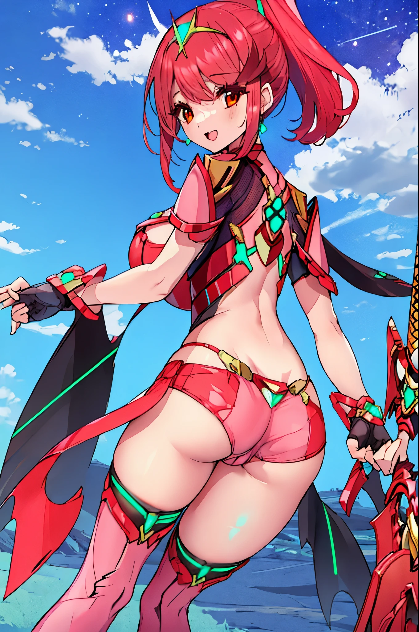 pyra \(xenoblade\), teen_1girl, , armor, bangs, black gloves, breasts, red eyes, closed mouth, earrings, eyelashes, fingerless gloves, floating hair, framed breasts, gem, gloves, hair ornament, headpiece, jewelry, big_breasts, leaning back, leotard, neon trim, official art, pose, red hair, red shorts, saitou masatsugu, short hair, short shorts, short sleeves, shorts, sidelocks, skin tight, solo, standing, swept bangs, thighhighs, tiara, night_prairie_background, turtleneck, underbust, vambraces, xenoblade chronicles \(series\), (xenoblade chronicles 2), apart_legs, fire_effect,dynamic_pose,fighting,light_smile, (plump:1.1), big_ass,huge_sword, hold_large_sword_hilt, solo, covered_nipples, (covered_pussy:1.2),cameltoe,open_mouth,back_view, fists,ponytail,plump,