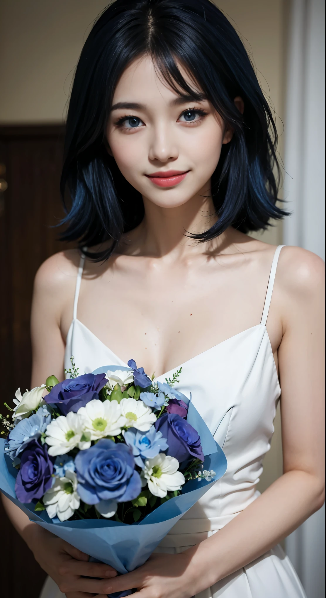 (highest quality)、BREAK,(and soul)(secondary elements)1 girl、((blue hair))、hair length、(blue eyes)、gradient eyes、((sparkling eyes))、bright eyes、finely tuned、expressive eyes、(smile)、white teeth、blue clothes、gem、Blue lighting、blue theme、(shape:1.5)、abstract、Super detailed、(((have a bouquet)))、