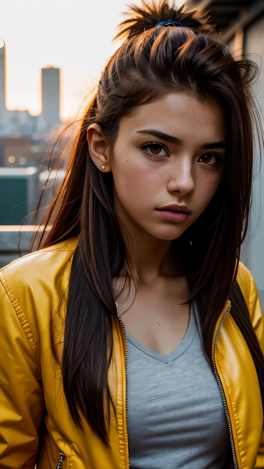 RAW photo, 20 year old close up portrait photo.o 1 girl, alone, realistic,shirt,Jacket, cyber punk, spike hair,brown hair, yellow Jacket, The background is the city ruins, (high definition skin:1.2), 8k UHD, Digital single-lens reflex camera, soft lighting, high quality, film grain, Fujifilm XT3, highly detailed background