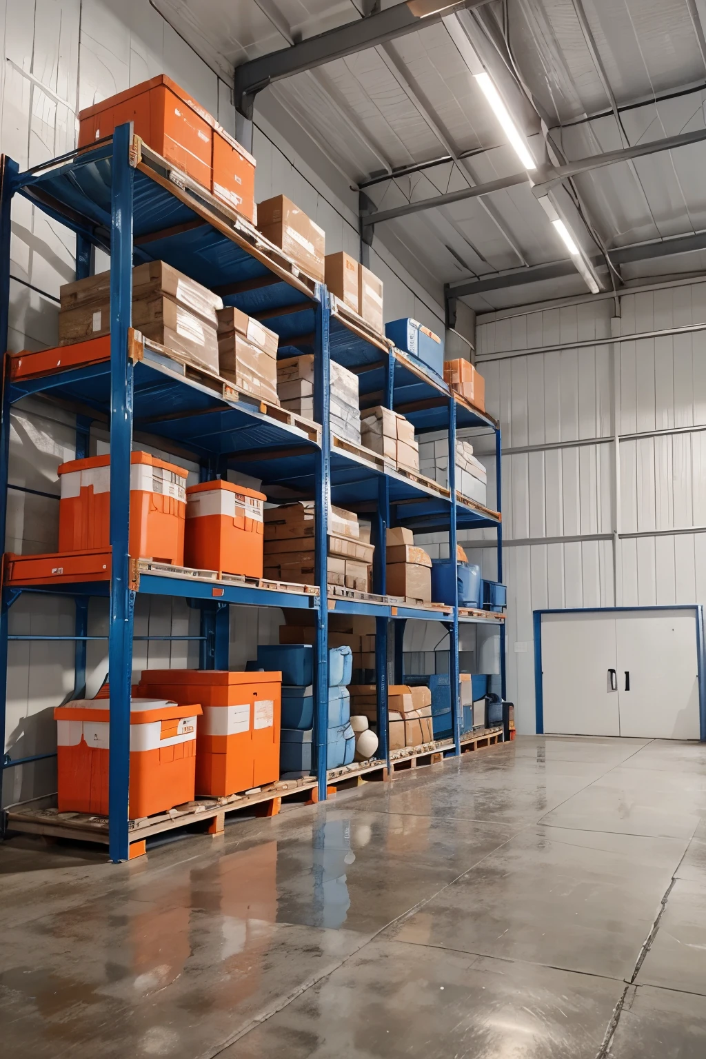 Large number of blue iron shelving in a warehouse with white warehouse background and orange floor